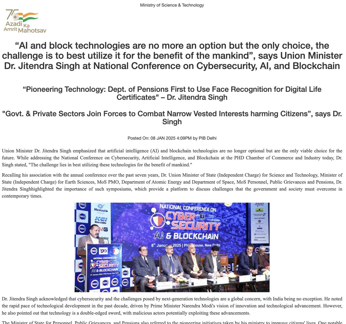TheIndUSTech's tweet image. On January 8, 2025, the national conference on cybersecurity, artificial intelligence, and blockchain took place at the PHD Chamber of Commerce and Industry in #NewDelhi, bringing together experts to discuss #advancements in these critical technologies
pib.gov.in/PressReleasePa…