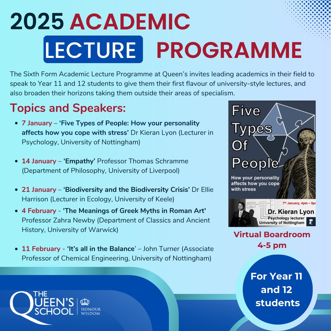 Q6thForm's tweet image. Inspirational psychologist Dr Kieran Lyon launched the 2025 Queen's Academic Lecture Programme with a spellbinding insight into human personality and its impact on mental health. thequeensschool.co.uk/news/insight-h… #AcademicLecture #Psychology #University #Preparation #QueensSchoolChester
