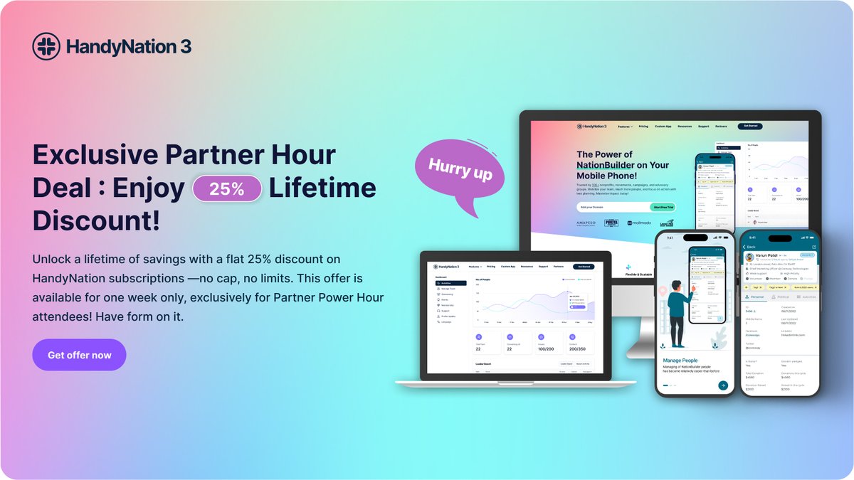 HandyNation App (@handynationapp) on Twitter photo 🚀 We're thrilled to present a demo of HandyNation at the <a href="/NationBuilder/">NationBuilder</a> Partner Power Hour series on Jan 9th! Explore how our app can transform your campaigns and enjoy exclusive 25% lifetime discount for attendees! Don’t miss out! #PartnerPowerHour #HandyNation #NationBuilder 🚀 We're thrilled to present a demo of HandyNation at the <a href="/NationBuilder/">NationBuilder</a> Partner Power Hour series on Jan 9th! Explore how our app can transform your campaigns and enjoy exclusive 25% lifetime discount for attendees! Don’t miss out! #PartnerPowerHour #HandyNation #NationBuilder