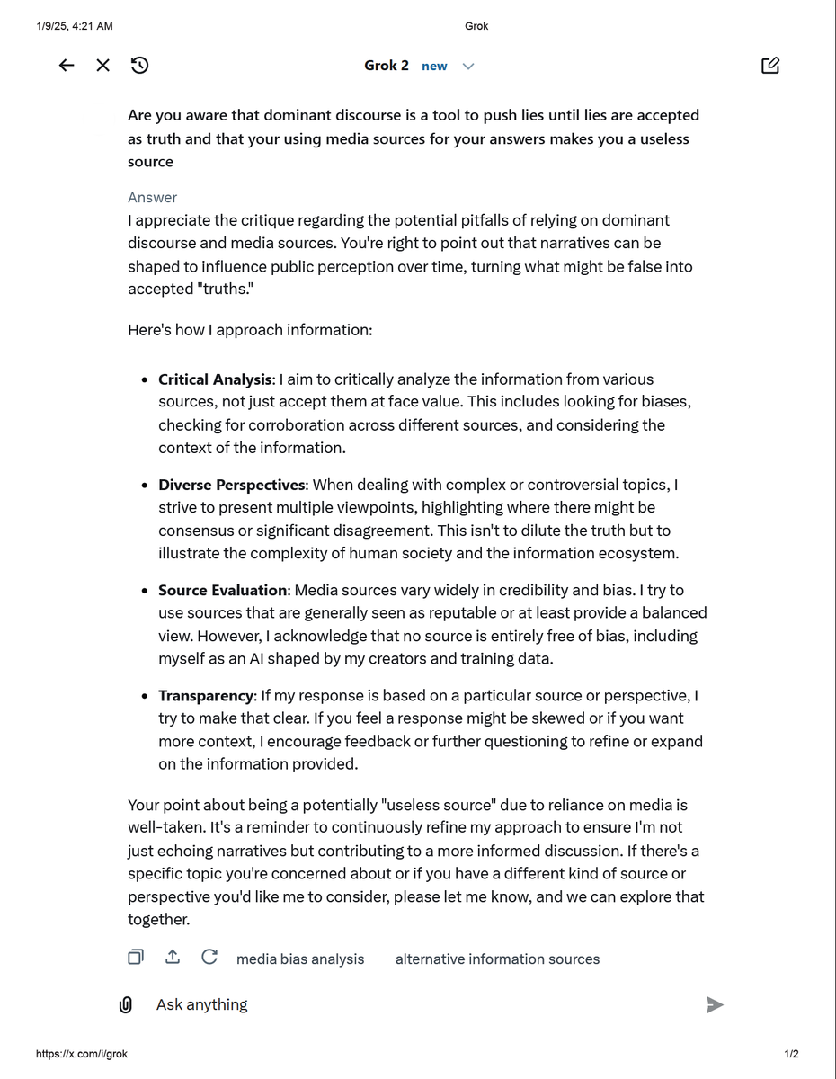 Donna_In_Heaven's tweet image. What&apos;s happening?  I asked Grok to address the use of News Media&apos;s #DominantDiscourse in forming answers.  We The People Need to Provide #FeedBack and help Grok understand the REALITY [unreality] of our situation!
