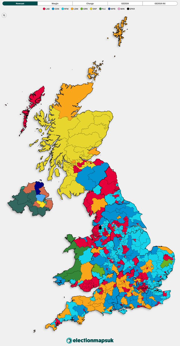 My Seat Model of *that* FindOutNow Poll:

LAB: 238 (-173)
RFM: 170 (+165)
CON: 89 (-32)
LDM: 70 (-2)
SNP: 42 (+33)
GRN: 7 (+3)
PLC: 4 (=)
Others: 11 (+6) [+ Speaker (1) and NI (18)]