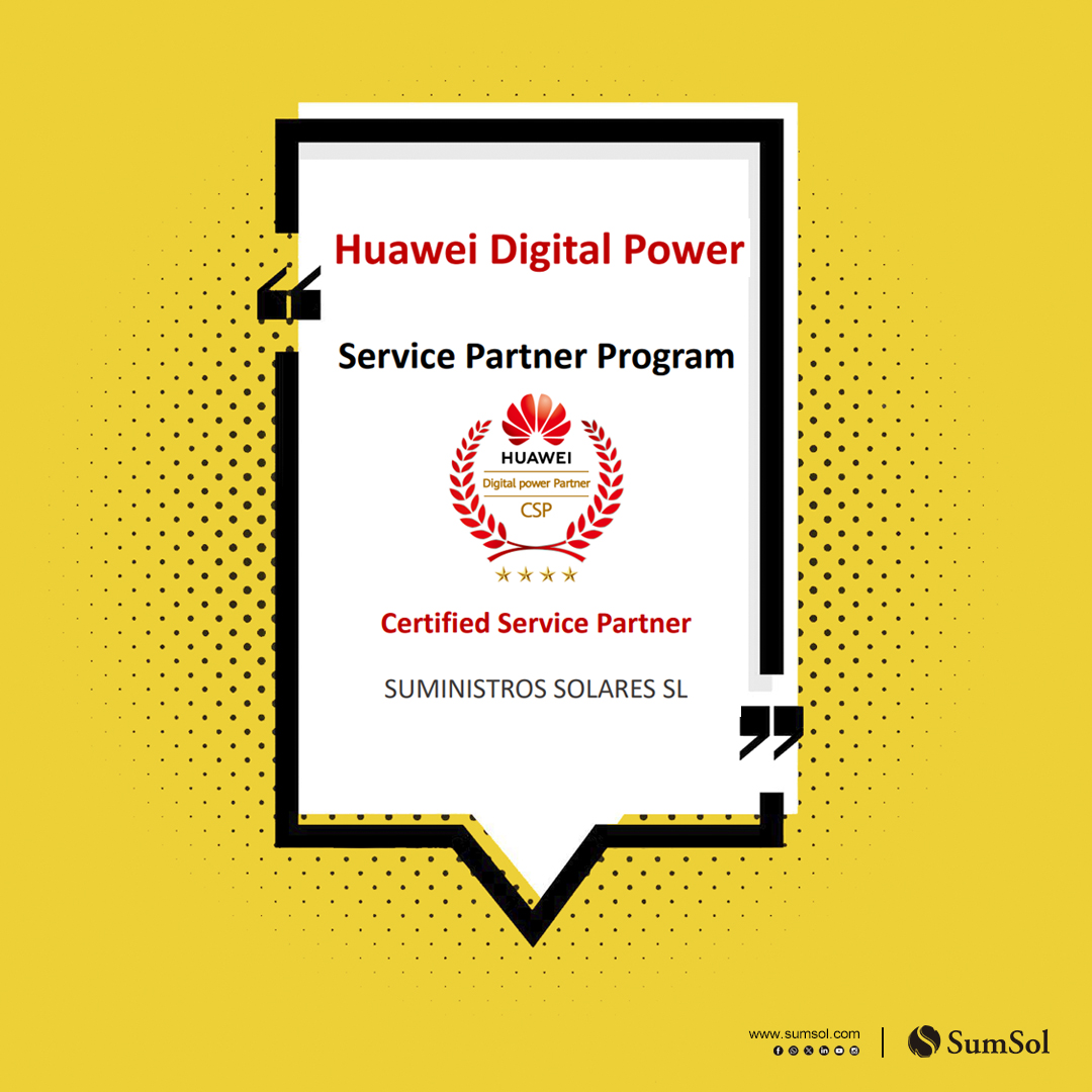 Ya somos Certified Service Partner de <a href="/Huawei/">Huawei</a>. Te ayudamos en la instalación, mantenimiento, dimensionado, viabilidad de la instalación y puesta en marcha del sistema en baterías desde 100kWh hasta 4,5MWh para todos tus proyectos de C&amp;I y Utility. Contáctanos👉 tecnico@sumsol.com