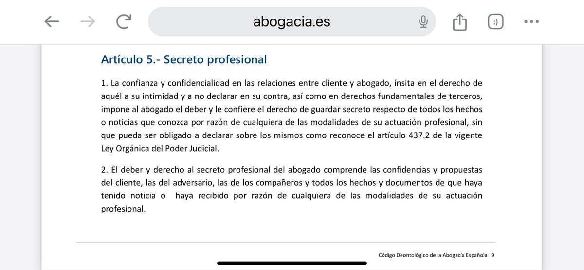 ¿Está haciendo algo ya el Colegio de Abogados sobre el comportamiento del letrado del novio de Ayuso tras la revelación admitida ayer por MAR para saber si vulneró su deber de secreto profesional según el artículo 5.2 de su Código Deontológico?
abogacia.es/wp-content/upl…