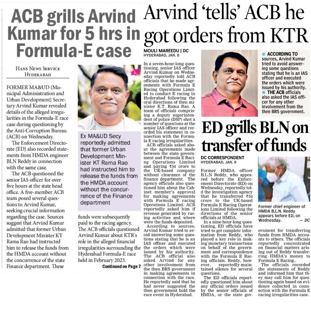 GovTelangana's tweet image. #FormulaECase:

#ACB &amp;amp; #ED Intensify Probe
#ArvindKumar #questioned for 7 #hours; #admits releasing ₹54 #crore on @KTRBRS oral orders #without #Finance #Department clearance.

#BLNReddy grilled for 9 #hours over #fund #transfers to #FormulaERacing Operations #Limited.
#Hyderabad