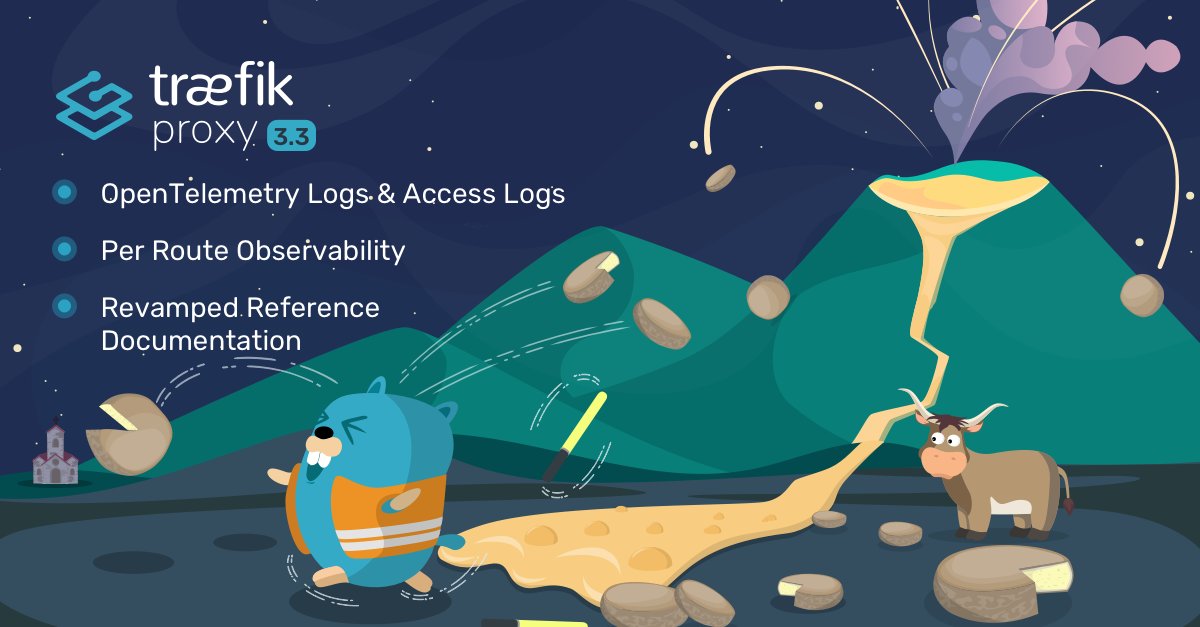 Traefik Labs (@traefik) on Twitter photo ๐ฃ Traefik Proxy v3.3 is here! Codename: Saint-Nectaire ๐ง
Highlights:
๐ #OpenTelemetry for logs & access logs.
๐ Per-route #observability for metrics, traces, and logs.
๐ Revamped docs with advanced options.
Learn more ๐ bit.ly/40svp3q
#TraefikProxy #CloudNative ๐ฃ Traefik Proxy v3.3 is here! Codename: Saint-Nectaire ๐ง
Highlights:
๐ #OpenTelemetry for logs & access logs.
๐ Per-route #observability for metrics, traces, and logs.
๐ Revamped docs with advanced options.
Learn more ๐ bit.ly/40svp3q
#TraefikProxy #CloudNative
