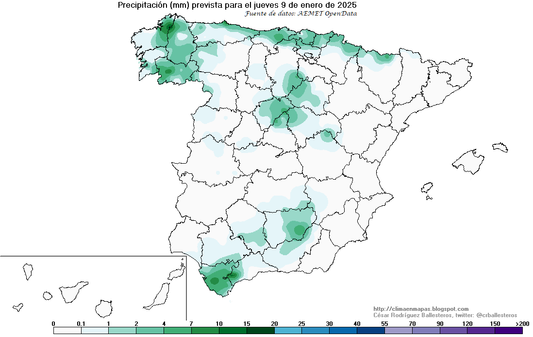 crballesteros's tweet photo. #ClimaEnMapas. Precipitación prevista para hoy y mañana, elaborada con la predicción horaria por municipios de #AemetOpenData
Más información en: https://t.co/Ybb01g4abA https://t.co/LZL4filikh