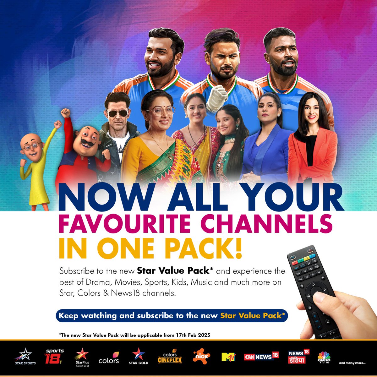 StarSportsIndia's tweet photo. 🎉 All-in-One 🎉

Get the NEW Star Value Pack for best of entertainment! Movies, Kids' shows, Drama, Sports and much more - ALL in one place!
Keep Watching and Subscribe to Star Value Pack! 🙌 *T&amp;C apply
#NewPack #StarValuePack #FamilyVibes #NonStopFun #WatchAndEnjoy https://t.co/RuvKRPEijN