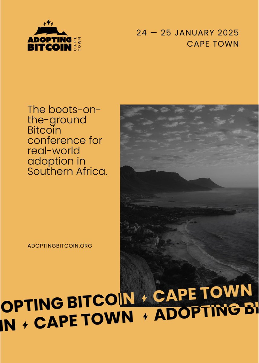 Join the Adopting Bitcoin Conference, happening live in Cape Town on  January 24-25, 2025!🎉 Be part of it, secure your tickets now at  https://t.co/idIJjD6y60. With an incredible lineup of speakers and exciting