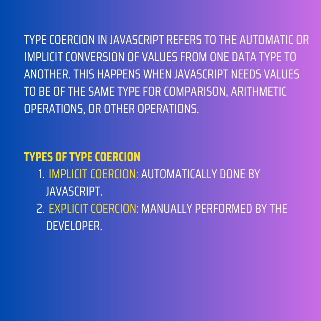 IzazCodes's tweet photo. Type Coercion in JS Explained.

#webdevelopment #webdesign #webdeveloper #digitalmarketing #website #html #seo #websitedesign #coding #programming #javascript #css #webdesigner #developer #wordpress #marketing #programmer #web #ecommerce #business #websitedevelopment #branding https://t.co/O3aJDV5yal
