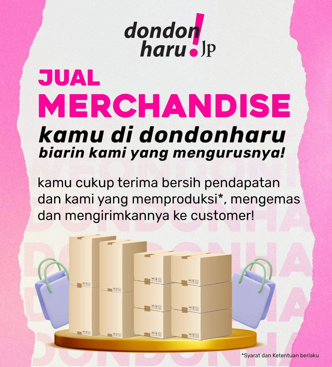 pusing ngurus merchandise atau bingung mau produksinya dimana bahkan sampai butuh modal buat bikin merchandisenya?

tenaanngg, serahin ke #dondonharujp biarin kita yang ngurus semuanya sampai pengirimannya ^^

info lengkap dan daftarnya, klik dondonharu.jp/join
