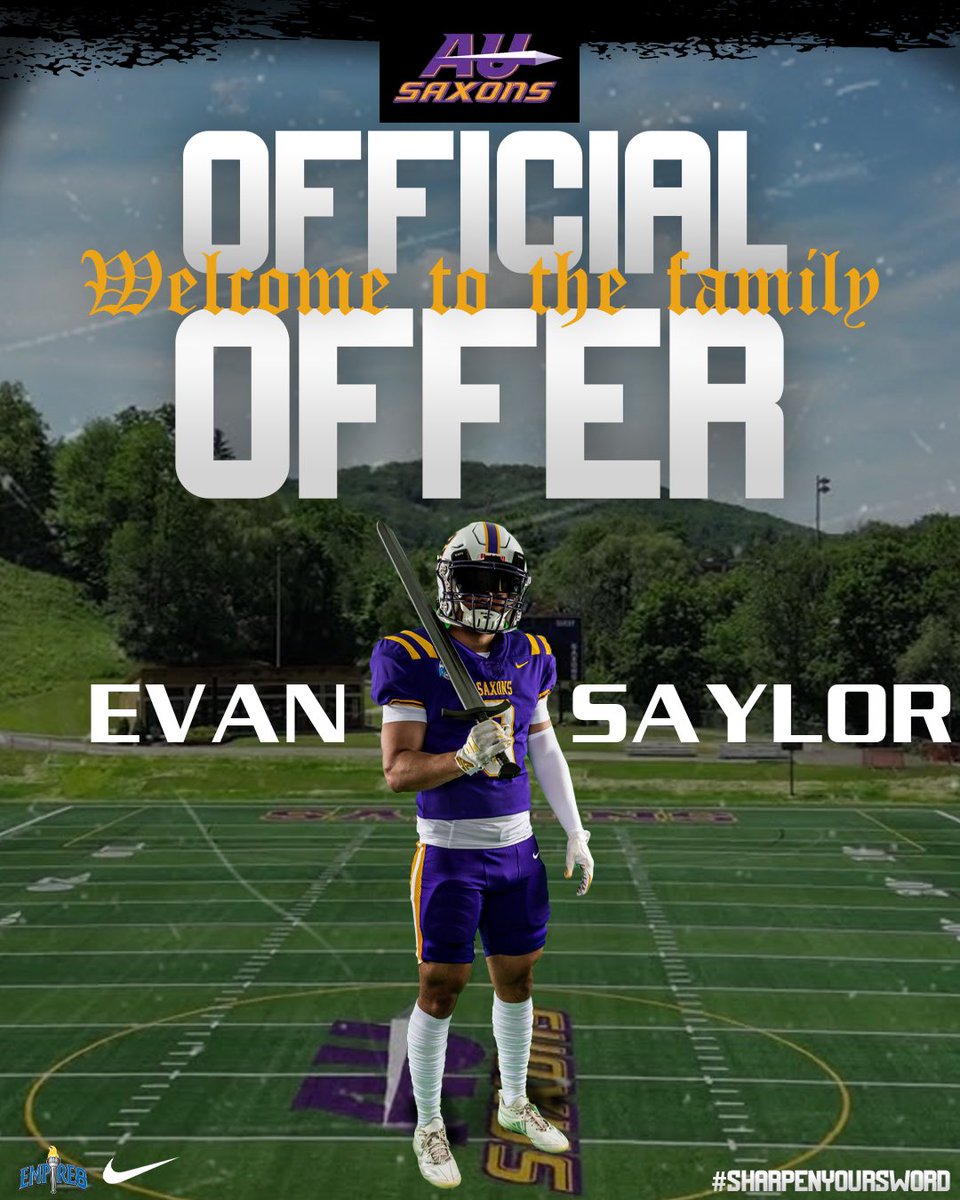 Evan Saylor 2025 OT (@evansaylor88) on Twitter photo After a great conversation with <a href="/Coach_Rankl/">Bob Rankl</a> and the <a href="/AUSaxonFootball/">Alfred U Football</a> staff, I am blessed to receive an official offer to play at Alfred University! Thank you Coach Rankl, <a href="/MaccusD/">Maccus Dinsmore</a> <a href="/Coach_Bailey2/">Curtis Bailey</a> <a href="/CoachMilesAU/">Hunter Miles</a> <a href="/CoachOlasupo/">Coach Mo</a> for the opportunity! After a great conversation with <a href="/Coach_Rankl/">Bob Rankl</a> and the <a href="/AUSaxonFootball/">Alfred U Football</a> staff, I am blessed to receive an official offer to play at Alfred University! Thank you Coach Rankl, <a href="/MaccusD/">Maccus Dinsmore</a> <a href="/Coach_Bailey2/">Curtis Bailey</a> <a href="/CoachMilesAU/">Hunter Miles</a> <a href="/CoachOlasupo/">Coach Mo</a> for the opportunity!