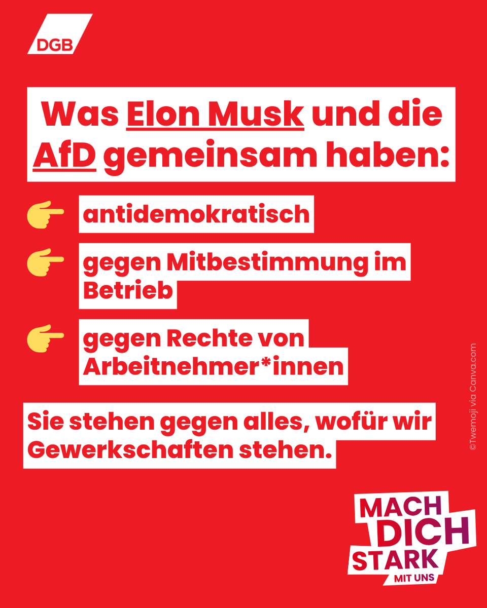 Die Koalition aus dem reichsten Menschen der Welt und der AfD hat Beschäftigten nichts zu bieten. Wir schützen unsere Demokratie und rufen auf zum Protest gegen den AfD-Parteitag am Samstag in Riesa: dgb.de/veranstaltunge…