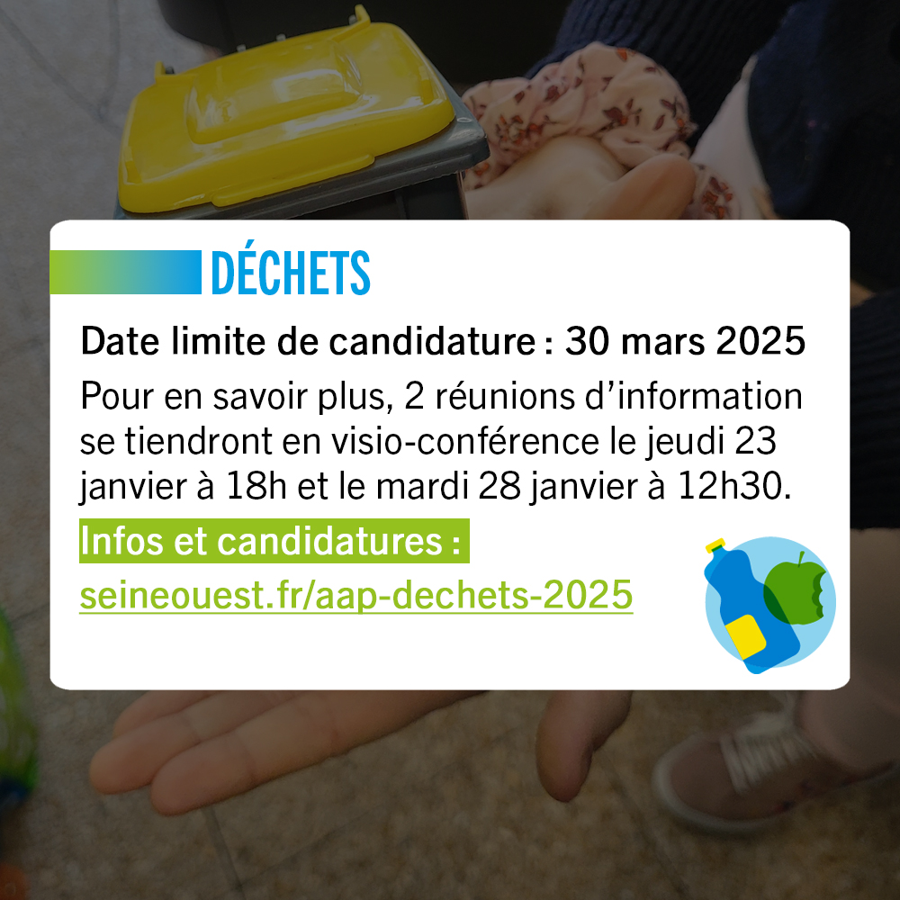 Grand Paris Seine Ouest (GPSO) (@gpso_seineouest) on Twitter photo ♻️ Votre association porte un projet pour le tri et la réduction des déchets ?
Candidatez à l'appel à projets de Grand Paris Seine Ouest et <a href="/LeSyctom/">Le Syctom ♻</a> pour bénéficier d'une subvention.
📆 Les candidatures sont ouvertes jusqu'au 30 mars 2025.
ℹ️ seineouest.fr/aap-dechets-20… ♻️ Votre association porte un projet pour le tri et la réduction des déchets ?
Candidatez à l'appel à projets de Grand Paris Seine Ouest et <a href="/LeSyctom/">Le Syctom ♻</a> pour bénéficier d'une subvention.
📆 Les candidatures sont ouvertes jusqu'au 30 mars 2025.
ℹ️ seineouest.fr/aap-dechets-20…