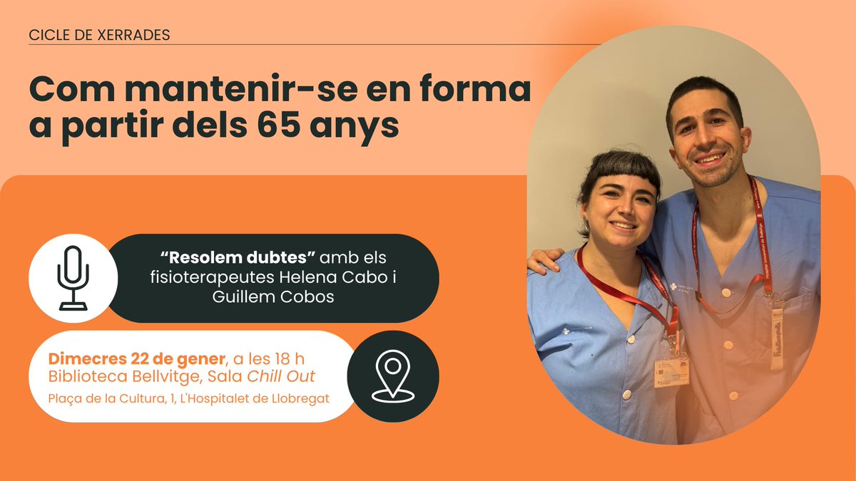 📢 Xerrada informativa: "Com mantenir-se en forma a partir dels 65 anys"
🗓️ Dimecres 22 de gener, 18 h 
📍 Biblioteca Bellvitge, Sala Chill Out (Plaça de la Cultura, 1, L'Hospitalet de Llobregat)  
💬 Resol els teus dubtes amb els fisioterapeutes Helena Cabo i Guillem Cobos

No