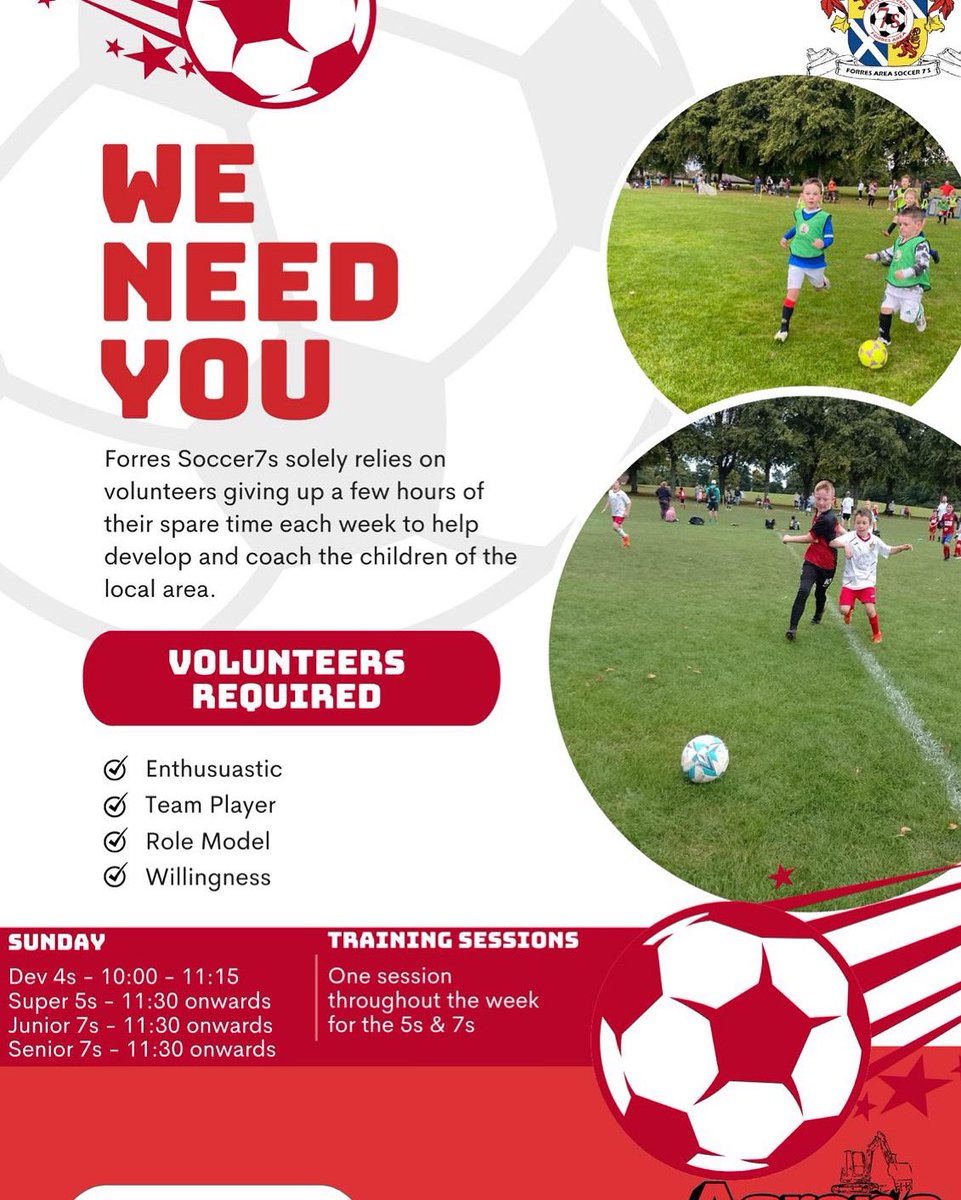 Forres Area Soccer 7s (@fas7s1993) on Twitter photo 🚨Volunteers Needed 🚨
If you want to volunteer or know someone who would be a great addition to our team then please contact us through email – office@forres-soccer7s.co.uk or pm through any of our social media pages.
See you all soon.
Team Soccer7s 🚨Volunteers Needed 🚨
If you want to volunteer or know someone who would be a great addition to our team then please contact us through email – office@forres-soccer7s.co.uk or pm through any of our social media pages.
See you all soon.
Team Soccer7s