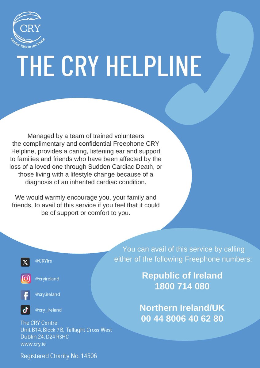 CRYIre's tweet photo. Remember we’re here to support YOU - and our Family Support Programme is here to support you.

As part of this programme, our freephone Helpline is available with trained volunteers  to listen in confidence.      

☎️ 1800 71 40 80 from ROI Ireland &amp; 00 44 8006 40 62 80 from NI. https://t.co/yzssTMzeGf
