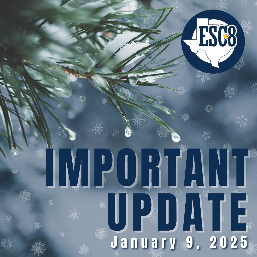 Due to anticipated winter weather, the ESC8 building will be closed on Thursday, January 9, 2025. 

Stay safe and stay informed! Be sure to check our website and social media for the latest news and information.