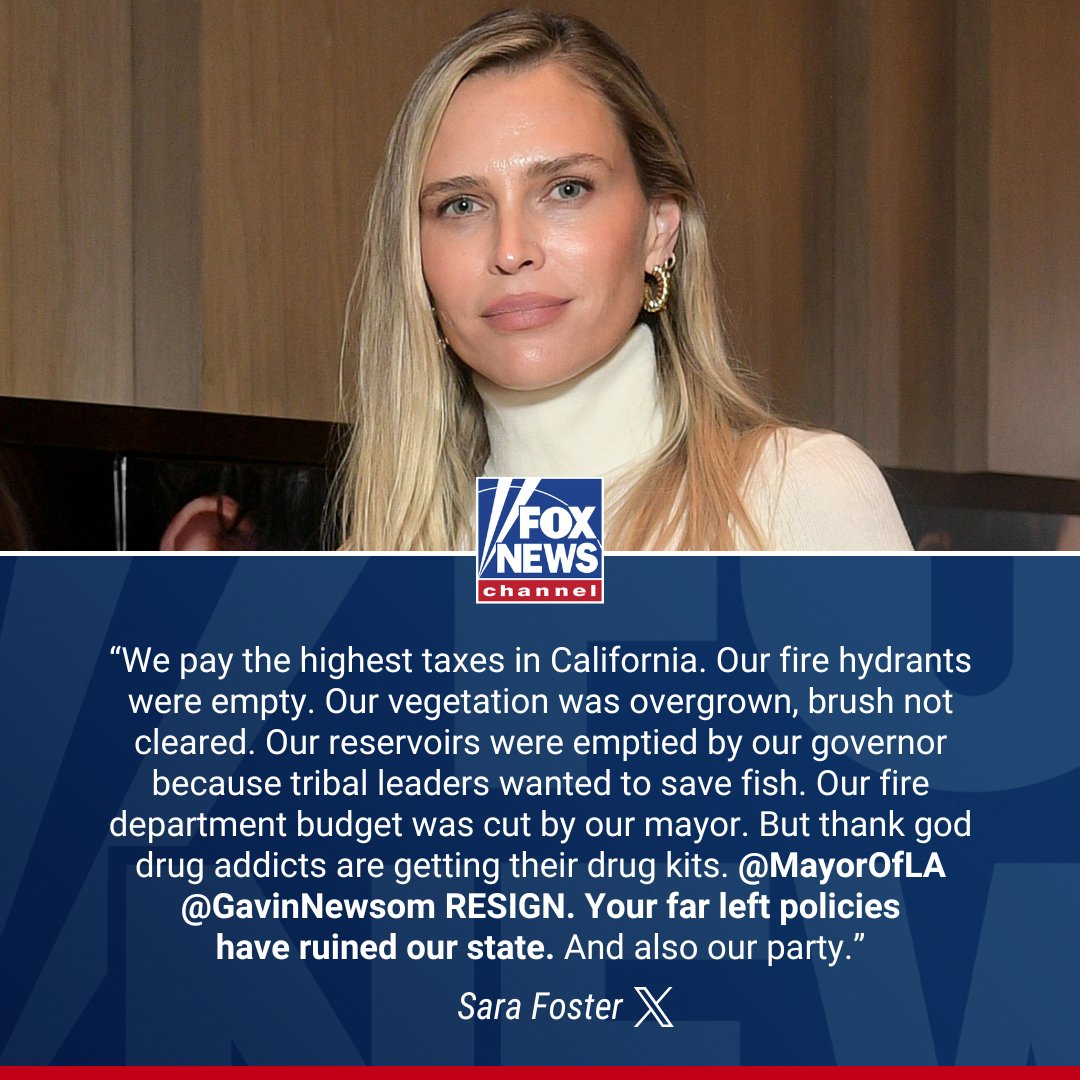 'WANTED TO SAVE FISH': Liberal celebrity turns on Dems as admission before deadly wildfires emerges. More details on Sara Foster's scathing takedown of California Gov. Gavin Newsom and Los Angeles Mayor Karen Bass. trib.al/1D7zvot