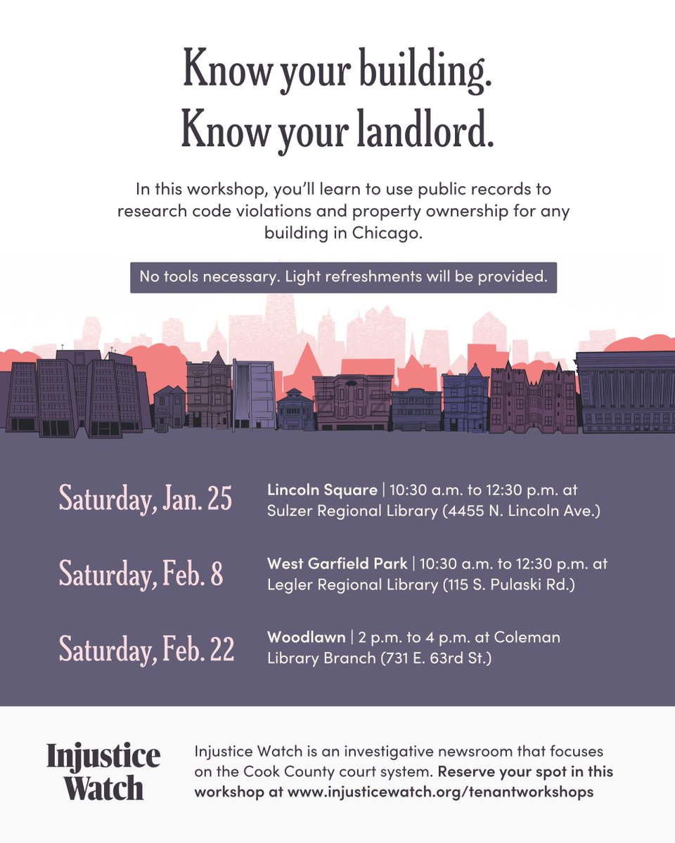 injusticewatch's tweet photo. In this workshop, you’ll learn:

🔹 How to use the Chicago City Data Portal to find out whether a building has been cited for pests, leaks, and more
🔹 How to uncover who REALLY owns a building — even if the landlord uses an LLC or corporation https://t.co/YAwkpPFG0X https://t.co/hlEHS5JZ0i