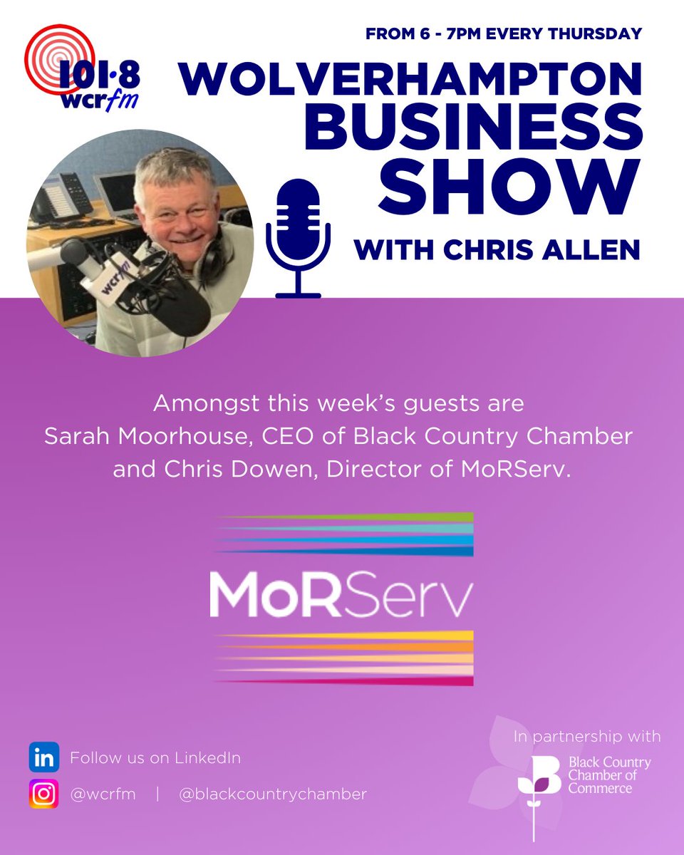 BlackCountryChamber (@bcccmembers) on Twitter photo 🎙️Tonight, listen to <a href="/1018wcrfm/">WCR FM - Local Radio for Wolverhampton</a>'s Wolverhampton Business Show with Chris Allen to hear our CEO Sarah Moorhouse and Chris Dowen, Director of our Platinum member <a href="/MoRServLtd/">MoRServ: Martyn’s Law</a> speak about upcoming plans for 2025...
Tune in at 6 - 7PM 🎧 loom.ly/oRCL1dY 🎙️Tonight, listen to <a href="/1018wcrfm/">WCR FM - Local Radio for Wolverhampton</a>'s Wolverhampton Business Show with Chris Allen to hear our CEO Sarah Moorhouse and Chris Dowen, Director of our Platinum member <a href="/MoRServLtd/">MoRServ: Martyn’s Law</a> speak about upcoming plans for 2025...
Tune in at 6 - 7PM 🎧 loom.ly/oRCL1dY