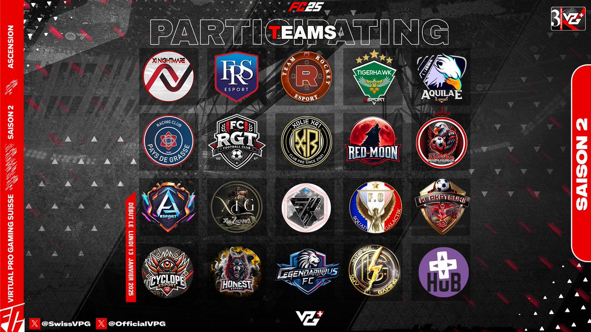 🚨 Présentation des équipes participantes à la VPG SUISSE Saison 2 – Ligue Ascension 🚨

Nouvelle ligue, nouveaux défis ! Les équipes vont tout donner pour gravir les échelons et viser la montée vers l'élite. ⚽🔥