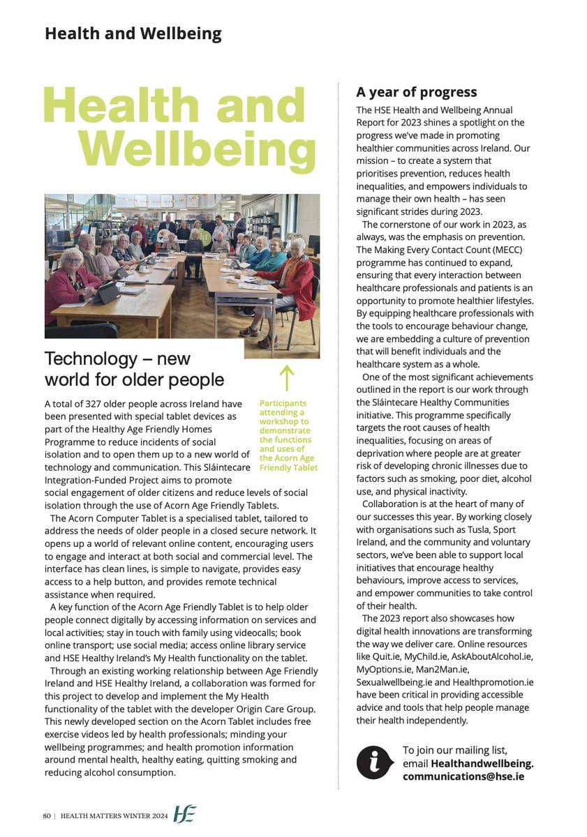 It was great to see this recent article in the HSE Health Matters Magazine, detailing the impact Acorn Age Friendly Tablets make! As part of the Healthy Age Friendly Homes Programme, 327 older adults received our tablets, helping them stay connected &amp; reduce isolation.