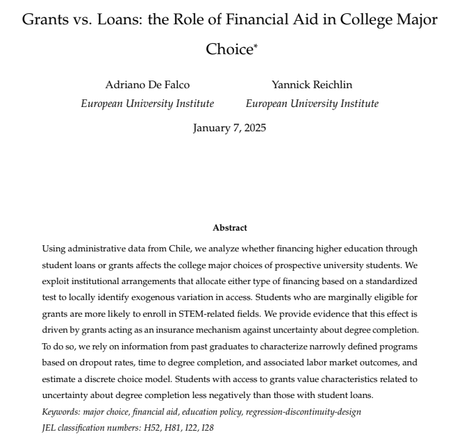 Yannick Reichlin (@reichlinyannick) on Twitter photo 🚨 Updated working paper
Ever wondered how financial aid—grants vs. loans—impacts students' college major choices? In a thoroughly revised version of our paper, <a href="/adridefax/">Adriano De Falco</a> and I provide answers using rich administrative data from Chile.
Here is a short summary: 🚨 Updated working paper
Ever wondered how financial aid—grants vs. loans—impacts students' college major choices? In a thoroughly revised version of our paper, <a href="/adridefax/">Adriano De Falco</a> and I provide answers using rich administrative data from Chile.
Here is a short summary: