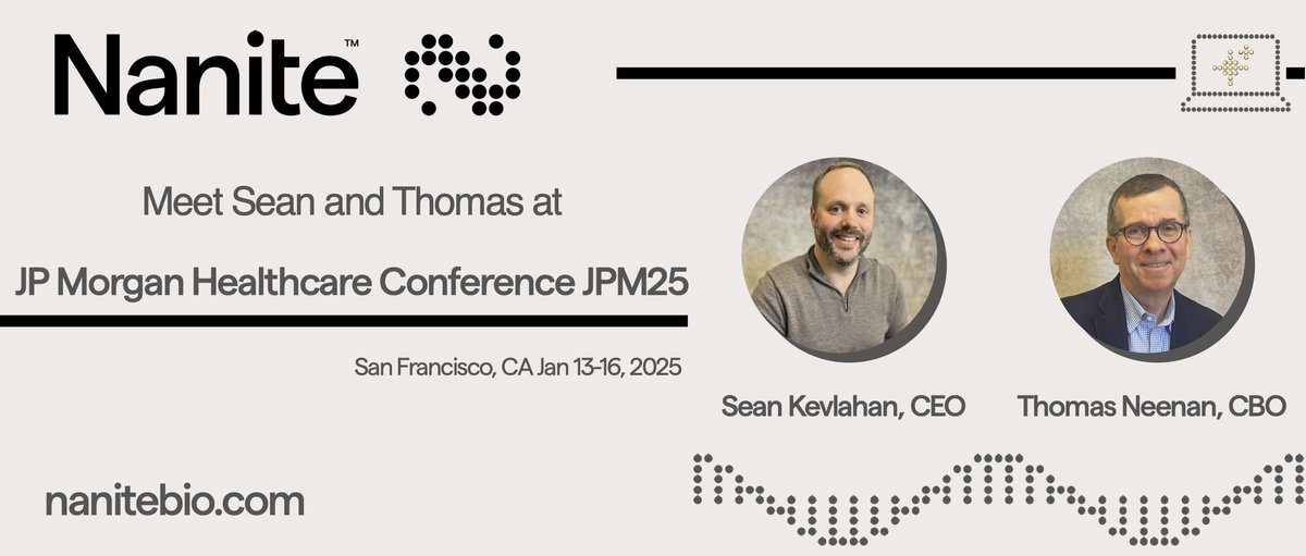 Nanite is heading to #JPM25!🌟Our CEO <a href="/seankevlahan/">Sean Kevlahan</a> &amp; CBO Thomas Neenan will be attending one of the most anticipated events in the healthcare &amp; biotech. Let's connect in SF to discuss our AI-powered platform SAYER! 💡🧬✨🌎🤝💼

#JPM2025 #Biotech #GeneDelivery #MachineLearning