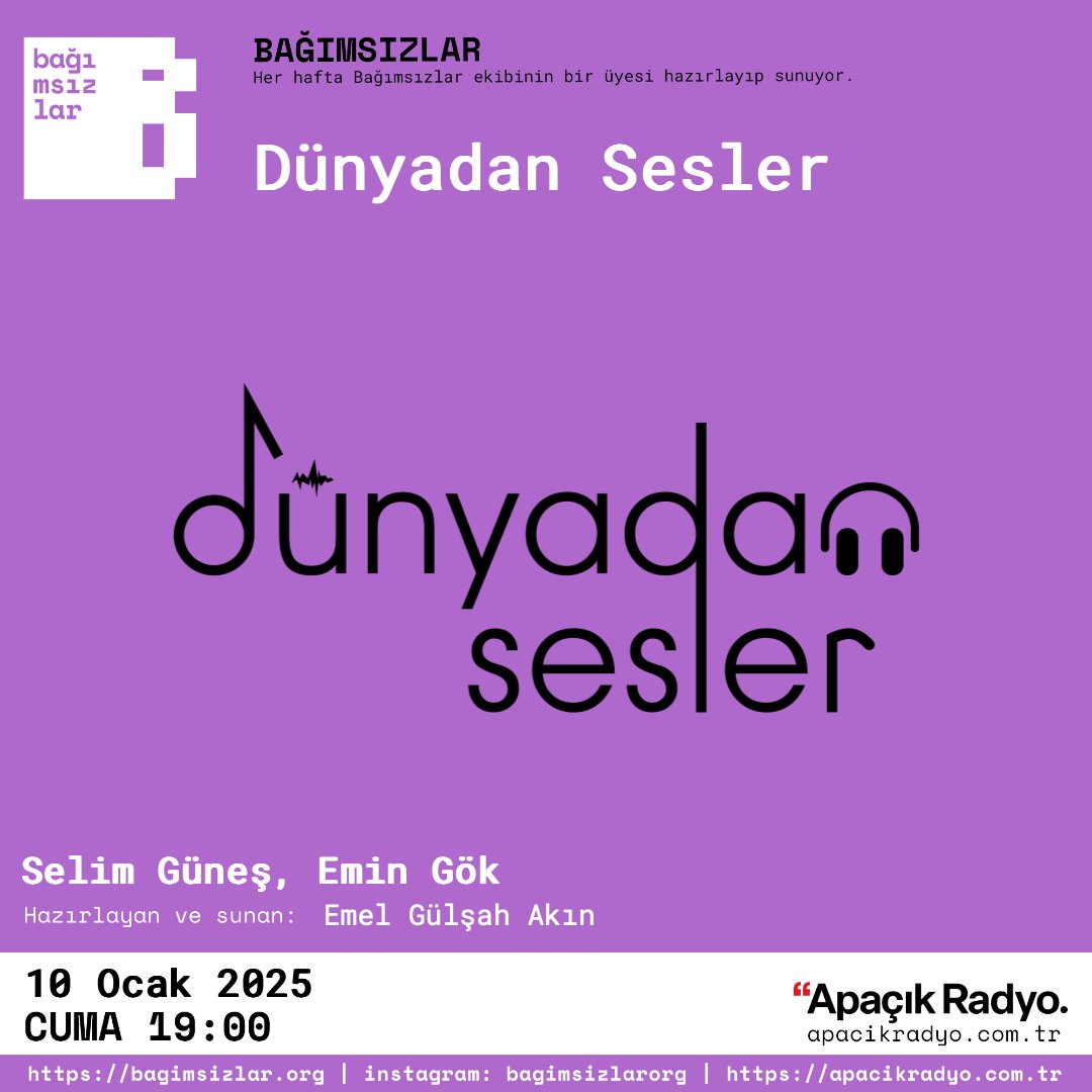 Bağımsızlar’da bu hafta 2011 yılında 'müziği keşfet' mottosuyla yola çıkan İstanbul merkezli müzik platformu Dünyadan Sesler’i konuk aldık. Beyoğlu Caz Festivali ile 2024 yılında kendine yeni yollar da üretmeye başlayan Dünyadan Sesler’i Selim Güneş ve Emin Gök eşliğinde konuştuk