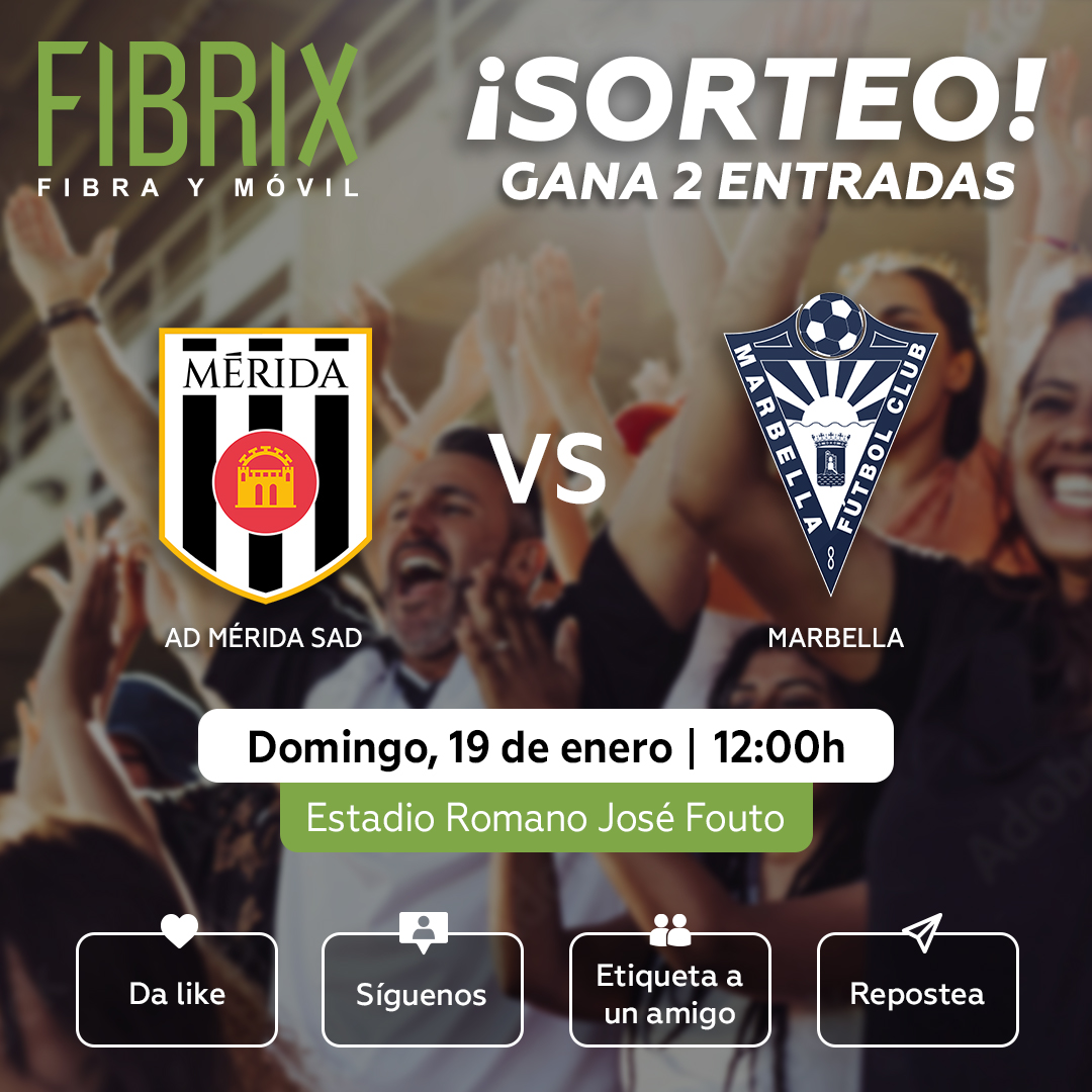 ¡Comenzamos el año con nuevo sorteo! ⚽️

Gana 2 entradas para ver el Mérida vs. Marbella el 19 de enero a las 12:00h.

¿Cómo participar?
❤️ Like 📲 Síguenos 👫 Etiqueta a un amigo ↪️ Repostea.

Dos entradas para dos ganadores. Resolución: 15 de enero. 🍀

#fibrix #sorteo #merida