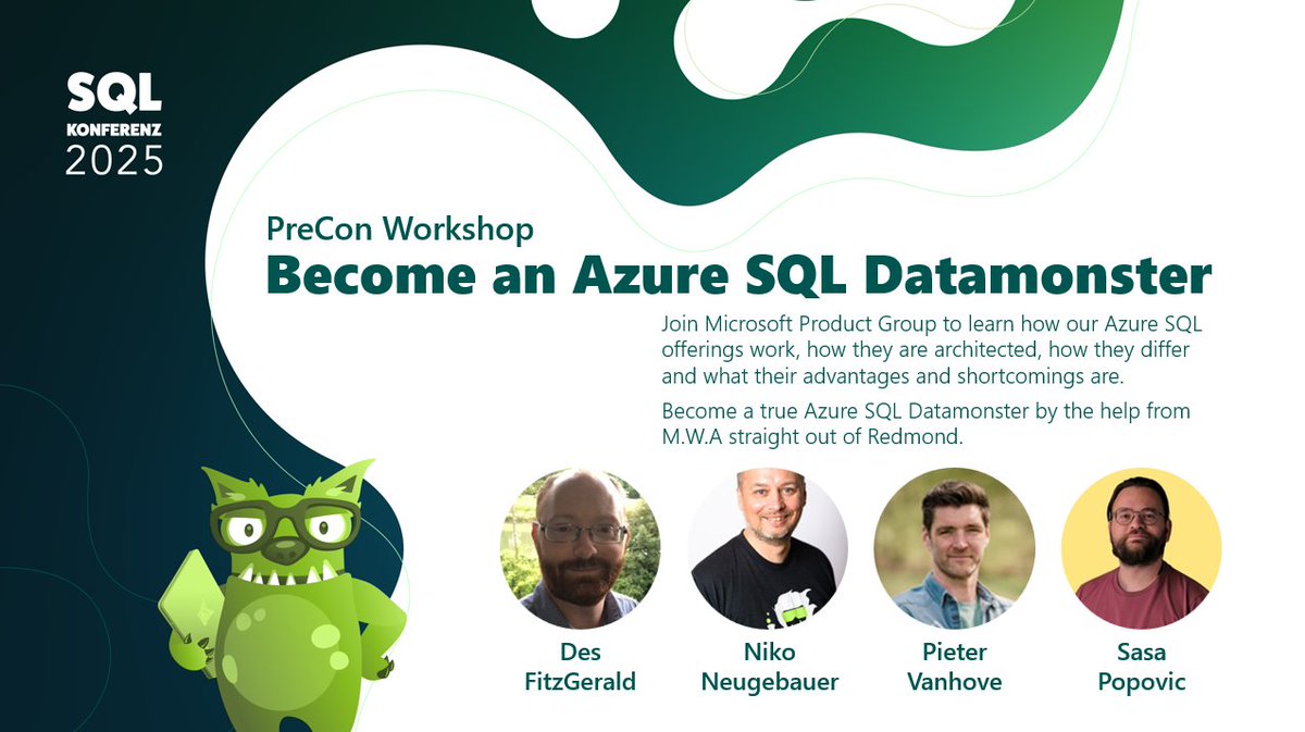 SasaPopovicMSFT's tweet image. Hello! Des, Niko, Pieter and I will be delivering a pre-con workshop and several sessions covering various aspects of #AzureSQL.

If you&apos;re considering #SQLKonferenz, there&apos;s a discount code SP25PR you can use at shop.sqlkonferenz.de.

See you in Hanau! #SQLKonferenz2025
