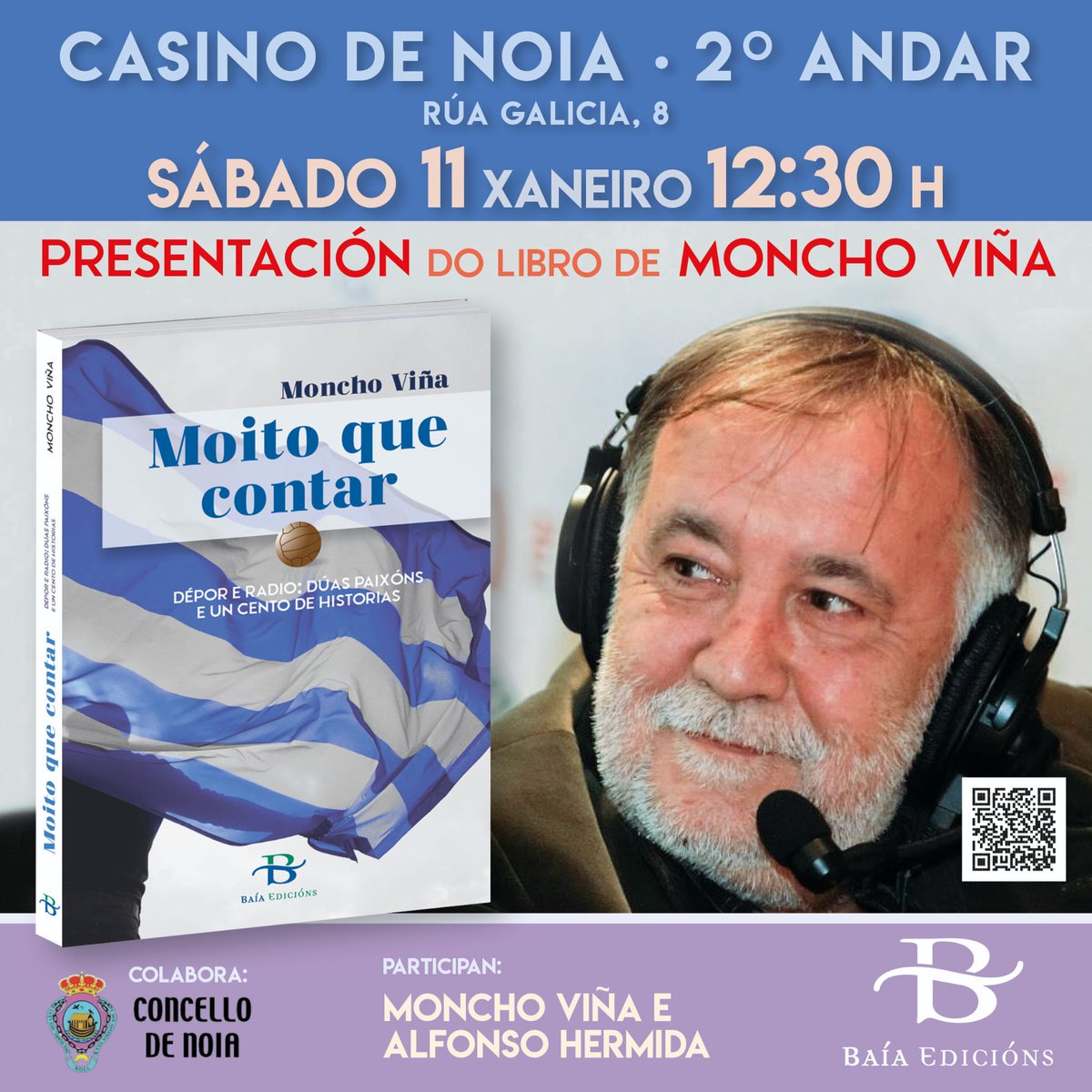 MoitoQueContar's tweet image. Agardámosvos este sábado no Casino de Noia para leriar con vós e asinarvos o voso exemplar de Moito que contar.
➡️Grazas ao concello de Noia polas facilidades dadas para a celebración do acto.
Se aínda non tedes o libro, podedes mercalo o sábado ou xa na web de Baía edicións.