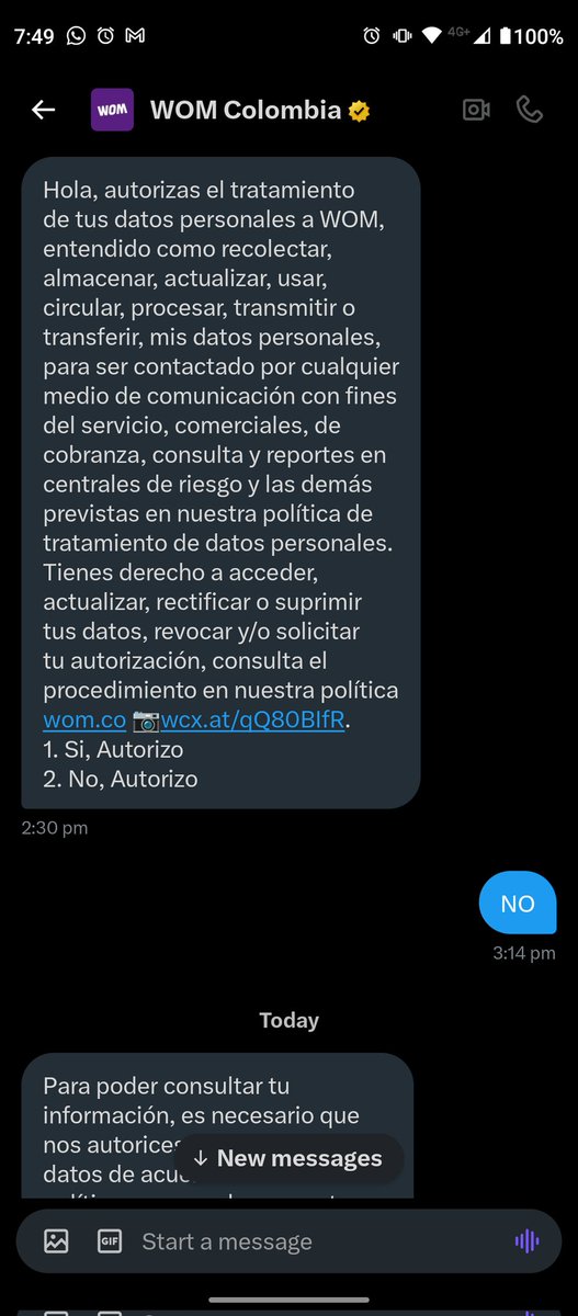 #VamosConToda <a href="/sicsuper/">Superintendencia de Industria y Comercio 🇨🇴</a> a la final <a href="/womcolombia/">Womcolombia</a> no hizo nada a través del "DM, solo respuestas automáticas y nunca solucionaron. Hoy volvieron a llamar a las 7am! Es el colmo que uno no pueda hacer nada y sea sometido a este abuso.