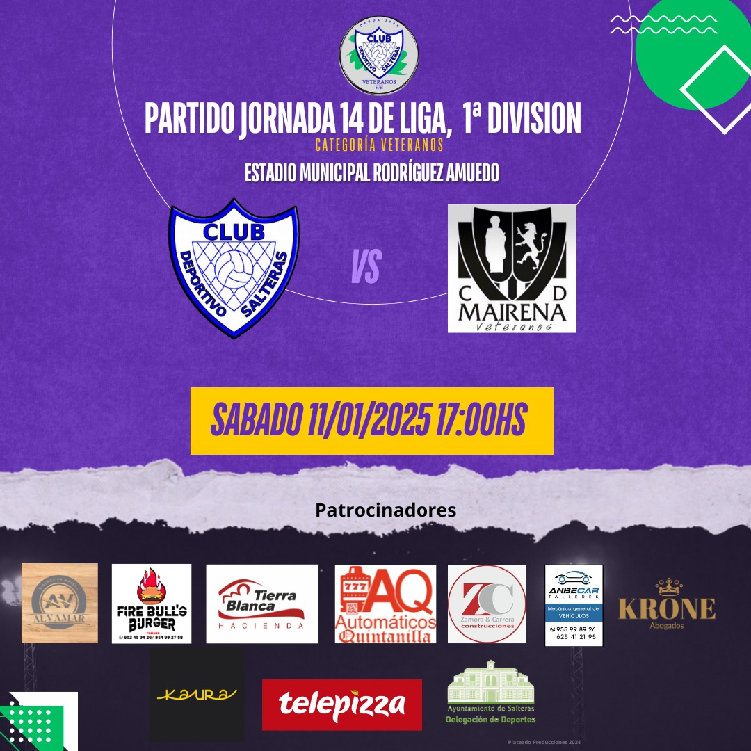CDSALTERASVETER's tweet photo. Confirmación partido liga jornada 14.

- 🌍Lugar: Polideportivo Salteras.
- 📆 Fecha : sábado 11/01/2025
- 🕘 Horario:  17:00 horas.
- 🆚 Rivales: CD Salteras VS CD Mairena 
- 🇪🇪 Equipación CD Salteras: camiseta azul y blanca, calzonas y medias azules.

https://t.co/Y0rMeuLNSO https://t.co/MnckCXCflF