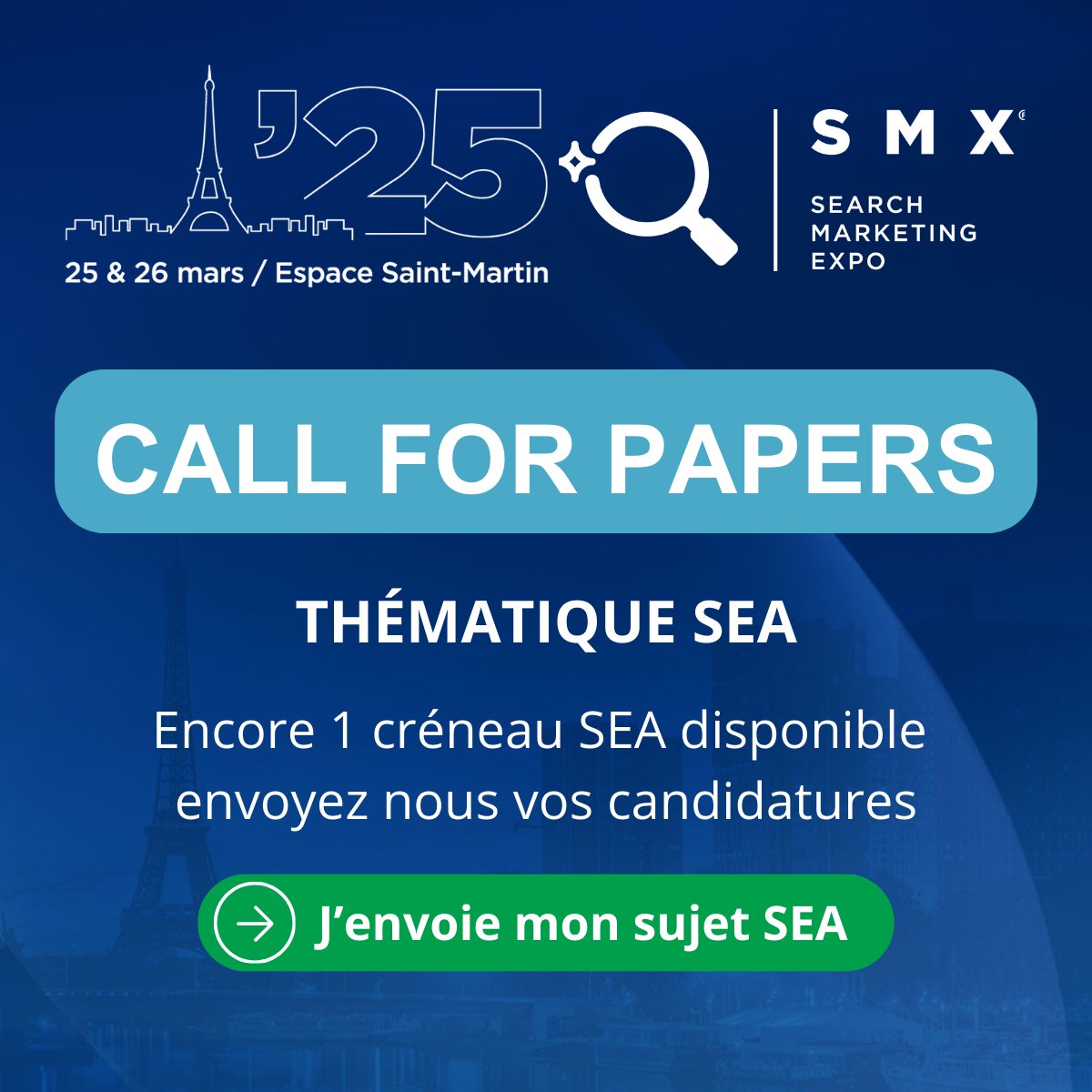 📣 Le programme 2025 sera bientôt en ligne ! Il reste un créneau côté SEA disponible.
 
Vous souhaitez intervenir au SMX et échanger avec des professionnels du Search ?
 
Envoyez-nous votre proposition dès à présent.
📲 lnkd.in/eu_sUY6N