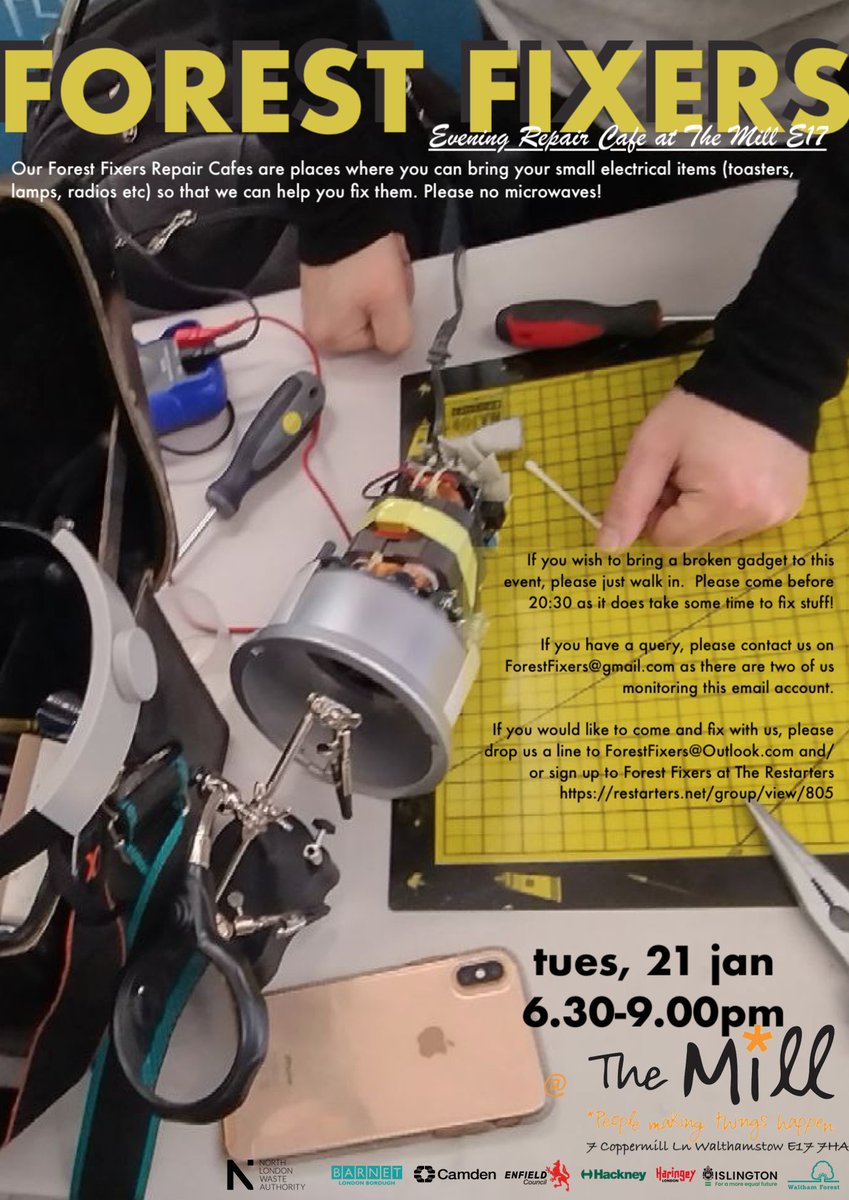 #ForestFixers January leaflet is available!
Get your gadgets fixed!
<a href="/RestartProject/">The Restart Project</a> @recyleFYC <a href="/KeepBritainTidy/">Keep Britain Tidy</a> <a href="/theteamrepair/">Team Repair</a> <a href="/E11Info/">TransitionE11</a> @transitionilford