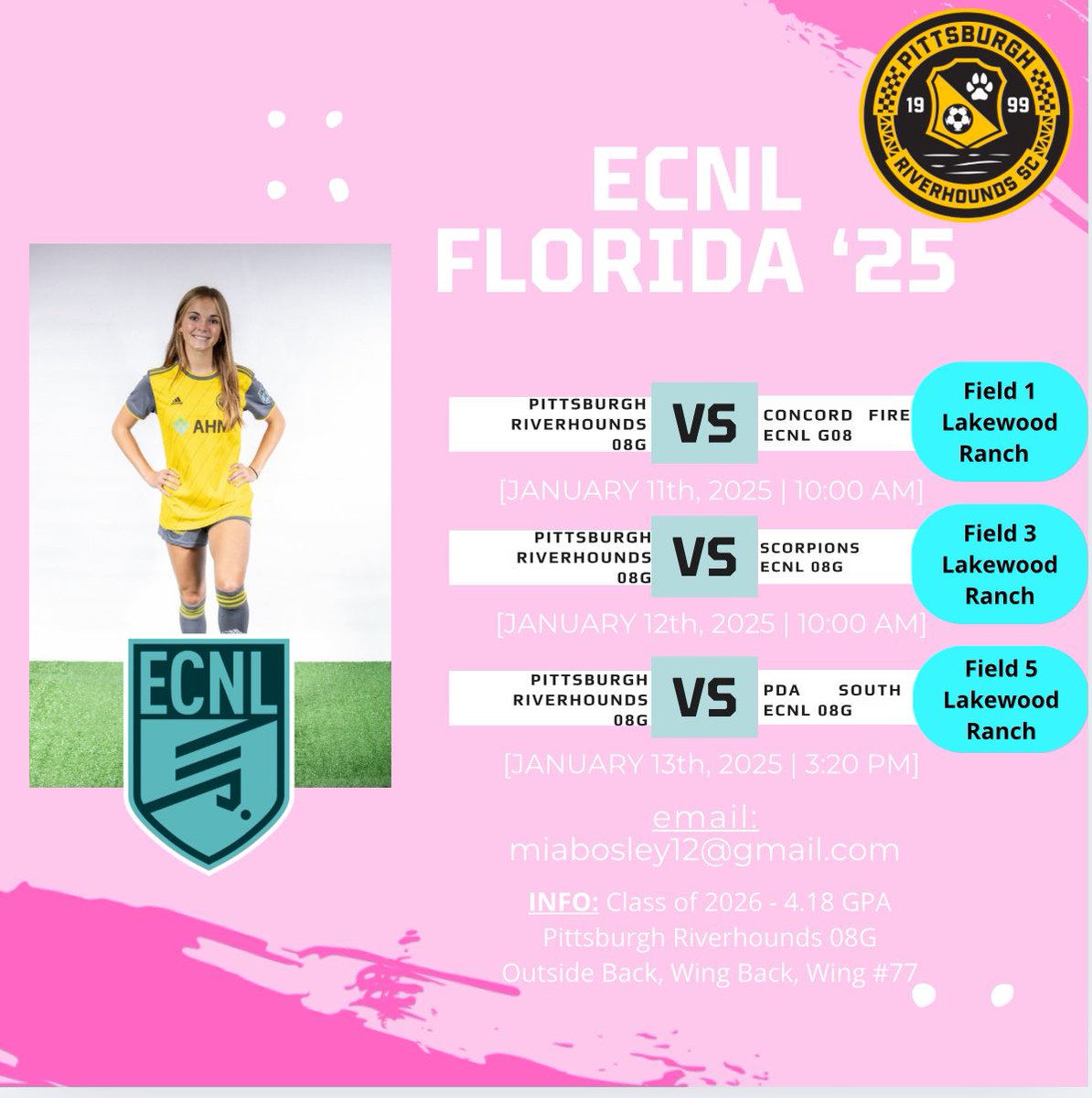 Mia Bosley (@bosleymia) on Twitter photo Super excited for this upcoming weekend down in Florida! Please come and try to watch my team compete!! Let’s go Hounds 💛🖤🌴
<a href="/ImYouthSoccer/">ECNL/GA/Recruiting/College Soccer</a> <a href="/PrepSoccer/">Prep Soccer ⚽️</a> <a href="/ImCollegeSoccer/">College Soccer Truth ™</a> <a href="/HoundsAcademy/">The Riverhounds Academy</a> <a href="/TheSoccerWire/">SoccerWire</a> <a href="/ECNLOhioValley/">ECNL Ohio Valley Conference</a> Super excited for this upcoming weekend down in Florida! Please come and try to watch my team compete!! Let’s go Hounds 💛🖤🌴
<a href="/ImYouthSoccer/">ECNL/GA/Recruiting/College Soccer</a> <a href="/PrepSoccer/">Prep Soccer ⚽️</a> <a href="/ImCollegeSoccer/">College Soccer Truth ™</a> <a href="/HoundsAcademy/">The Riverhounds Academy</a> <a href="/TheSoccerWire/">SoccerWire</a> <a href="/ECNLOhioValley/">ECNL Ohio Valley Conference</a>