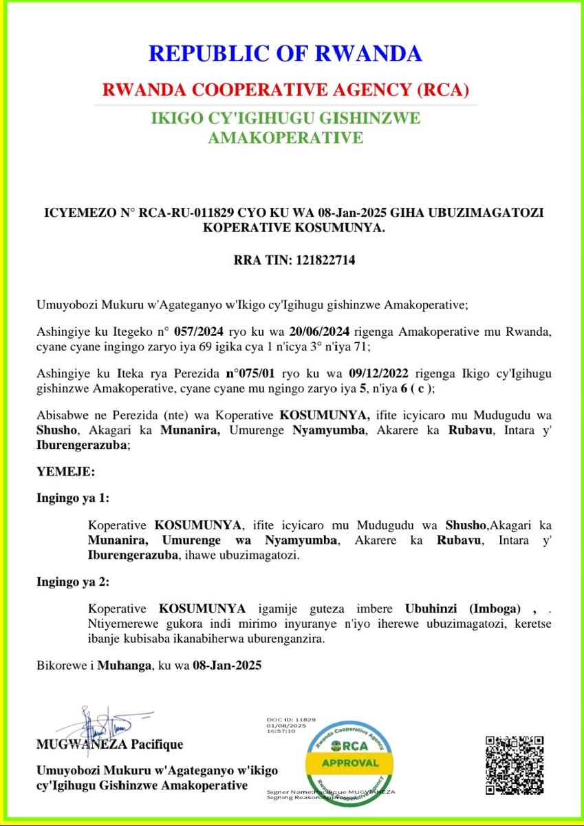 Uyisenga Ni Imanzi (@uyisenganimanzi) on Twitter photo Good news to start a year!!
Congratulations! to Cosumunya cooperative on being accredited by the <a href="/RCARwanda/">Rwanda Cooperative Agency</a>, to be working legally. Your gratitude to <a href="/UyisenganImanzi/">Uyisenga Ni Imanzi</a> and <a href="/RubavuDistrict/">Rubavu District</a> for their support is well deserved. #EmpoweringCooperatives
#Empoweringfamily Good news to start a year!!
Congratulations! to Cosumunya cooperative on being accredited by the <a href="/RCARwanda/">Rwanda Cooperative Agency</a>, to be working legally. Your gratitude to <a href="/UyisenganImanzi/">Uyisenga Ni Imanzi</a> and <a href="/RubavuDistrict/">Rubavu District</a> for their support is well deserved. #EmpoweringCooperatives
#Empoweringfamily