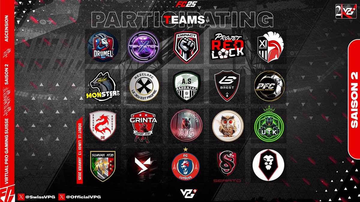 🚨 Présentation des équipes participantes à la VPG SUISSE Saison 2 – Ligue Supérieur Challenge 🚨

Le niveau monte d'un cran ! 💥 Les équipes de la Ligue Supérieur Challenge s'affrontent pour décrocher leur place au sommet. Un combat de titans en perspective ! ⚽🔥