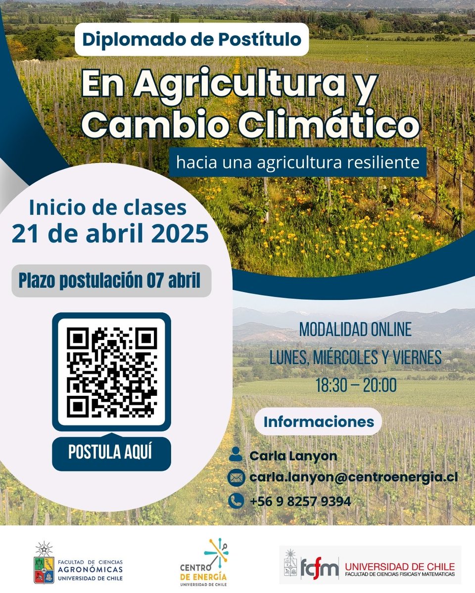 📢Nuevo Diplomado de Postítulo en Agricultura y Cambio Climático🌿
Dirigido  a profesionales y asesores de empresas agrícolas, ganaderas y forestales.
📅Inicio de clases 21 de abril 2025
🔺Plazo de postulación 07 abril 
Info 👉uchile.cl/g224162
#agronomiauchile #diplomado