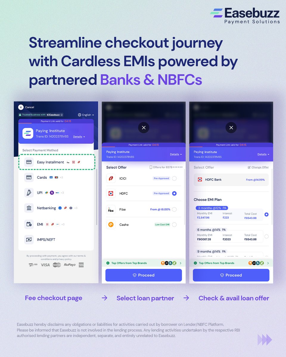 Easebuzz's tweet image. Make Education Affordable with Cardless EMIs 

Empower students with flexible payments! Partner with us to integrate Cardless #EMIs backed by top banks &amp;amp; NBFCs
✅ Upfront #FeeCollection 💰
✅ Stronger Reputation 📈
✅ Hassle-Free Payments 🔄
Swipe 👉 to learn more!
#CardlessEMI