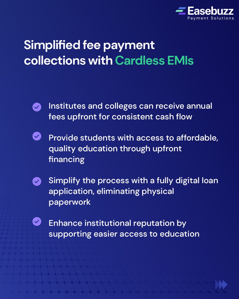 Easebuzz's tweet image. Make Education Affordable with Cardless EMIs 

Empower students with flexible payments! Partner with us to integrate Cardless #EMIs backed by top banks &amp;amp; NBFCs
✅ Upfront #FeeCollection 💰
✅ Stronger Reputation 📈
✅ Hassle-Free Payments 🔄
Swipe 👉 to learn more!
#CardlessEMI