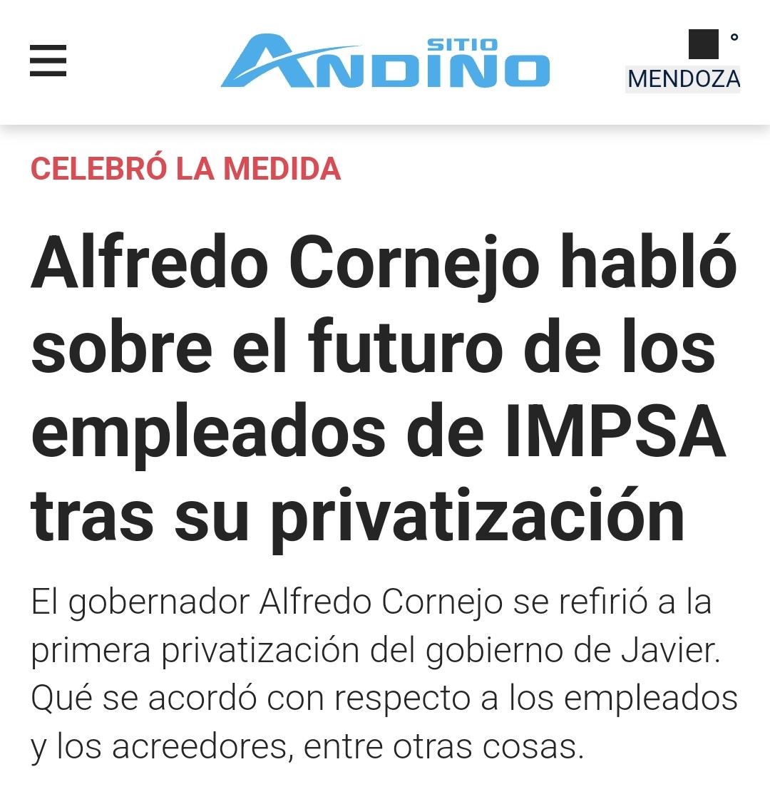 LlanoMechi's tweet photo. Felicito al presidente @JMilei por la privatización de IMPSA. Es un orgullo como mendocina que sea la primera empresa privatizada.
Cabe recordar, para quienes aspiran a enterrarlo en el olvido, que fue el gobierno radical mendocino,  "en trabajo  conjunto" con Alberto Fernández, el responsable de la  estatización de la empresa en 2021, atrocidad que le ha tocado enmendar a Milei.
Hoy el gobierno provincial camaleónico se disfraza de liberal y se atribuye la privatización, impulsada por el gobierno nacional, para desentenderse de su responsabilidad de la nefasta estatización nac & pop.