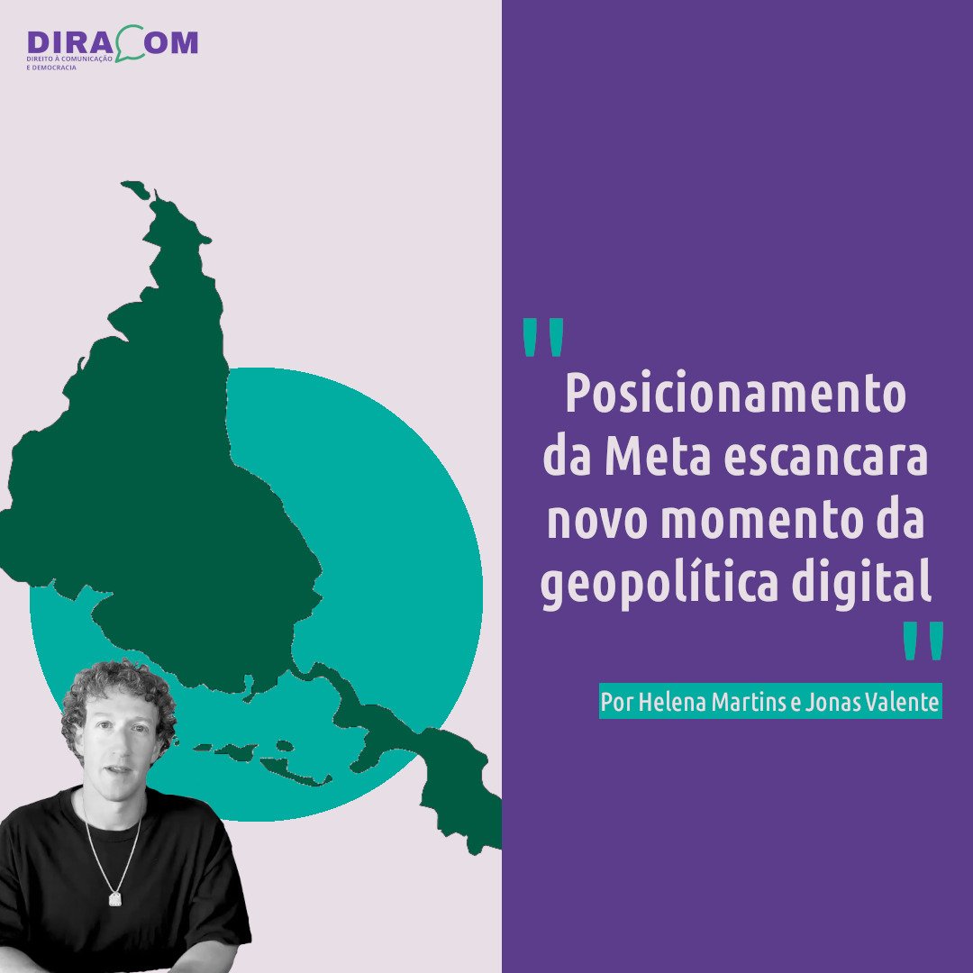 Diracom - Direito à Comunicação e Democracia (@diracom_) on Twitter photo O posicionamento da Meta, além de tornar as redes mais permeáveis à desinformação, consiste em um marco da nova geopolítica digital, na qual os monopólios digitais colocam-se em franca aliança com a extrema direita.
Leia na nossa coluna no <a href="/BrasildeFato/">Brasil de Fato</a>
brasildefato.com.br/2025/01/08/pos… O posicionamento da Meta, além de tornar as redes mais permeáveis à desinformação, consiste em um marco da nova geopolítica digital, na qual os monopólios digitais colocam-se em franca aliança com a extrema direita.
Leia na nossa coluna no <a href="/BrasildeFato/">Brasil de Fato</a>
brasildefato.com.br/2025/01/08/pos…
