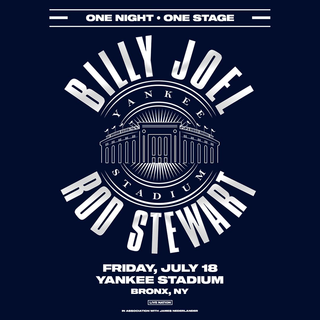 rodstewart's tweet image. New York! I’m thrilled to announce I’ll be joining my mate @billyjoel for a one-night-only performance at the legendary @yankeestadium ! Mark your calendars for Friday, July 18, 2025! 

Presale starts Monday January 13 at 10amET
General tickets on sale Friday January 17 at 10amET…