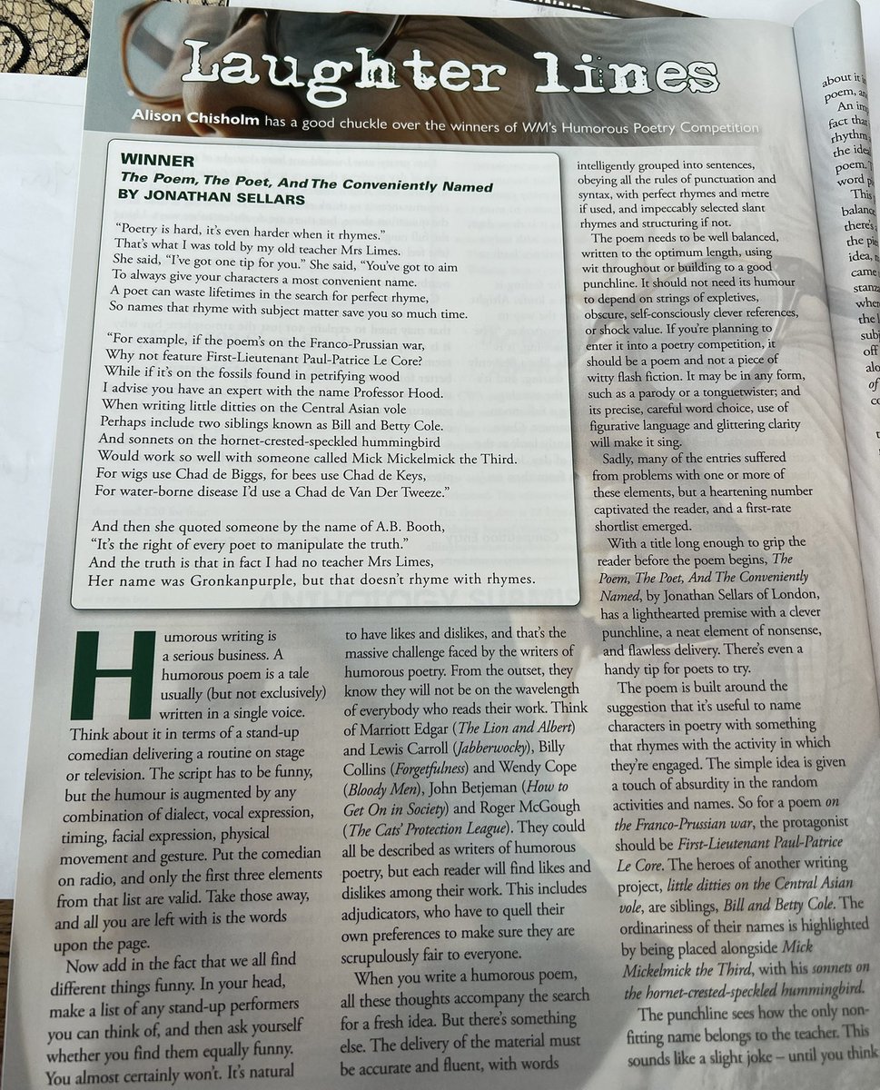 JSellarsLies's tweet image. Super delighted to find out I won the @WritingMagazine Humorous Poetry Award with my Ode to Writing Rhyme Tips. And thank you especially to Mrs Gronkanpurple 😜.  #humorouspoetry #rhyme #poetrytips #poems #smile @bbcpoetryplease
