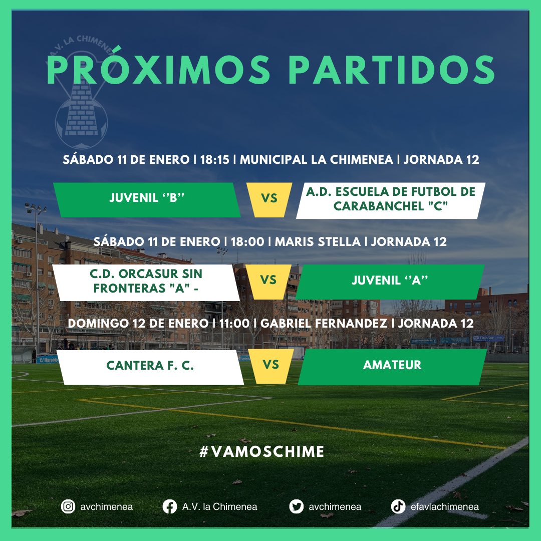 avchimenea's tweet photo. ¡VUELVE LA LIGA, VUELVE EL FUTBOL!💚

ℹ️ Familia, ¿nos echabais de menos? Tras el parón de navidades, nuestros equipos afrontan un nuevo año con ganas e ilusión. A falta de los más pequeños, el resto está listo para volver al deporte rey. 

#vamoschime💚 https://t.co/VZtdxyshDm