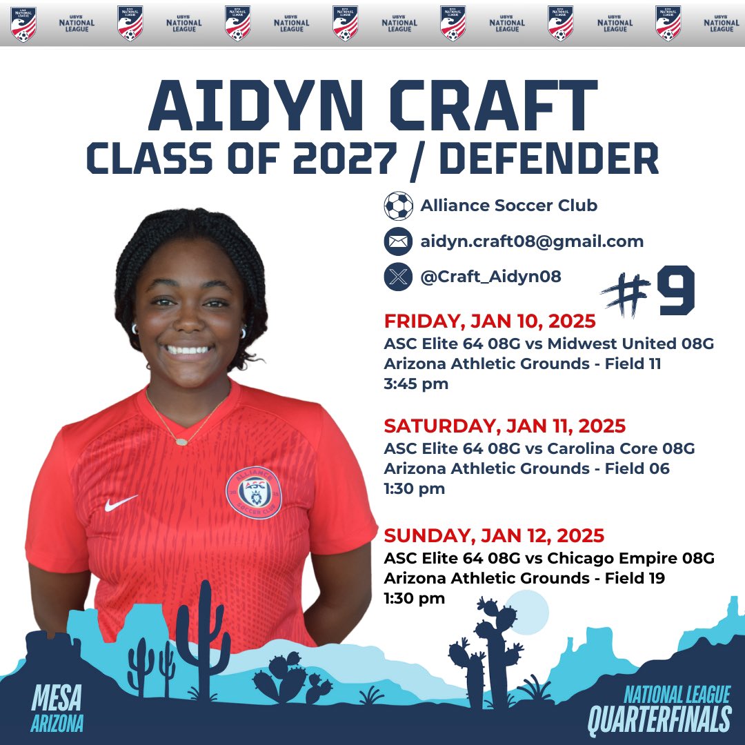 Craft_Aidyn08's tweet image. Heading to some warmer weather at the @NationalLeague Elite 64 quarterfinals in Mesa, AZ!
Can't wait to get back out onto the field with my @AllianceSC_08G team!
Coaches I really hope you can make it out to our games!
@ImCollegeSoccer @NEGARecruits @ImYouthSoccer