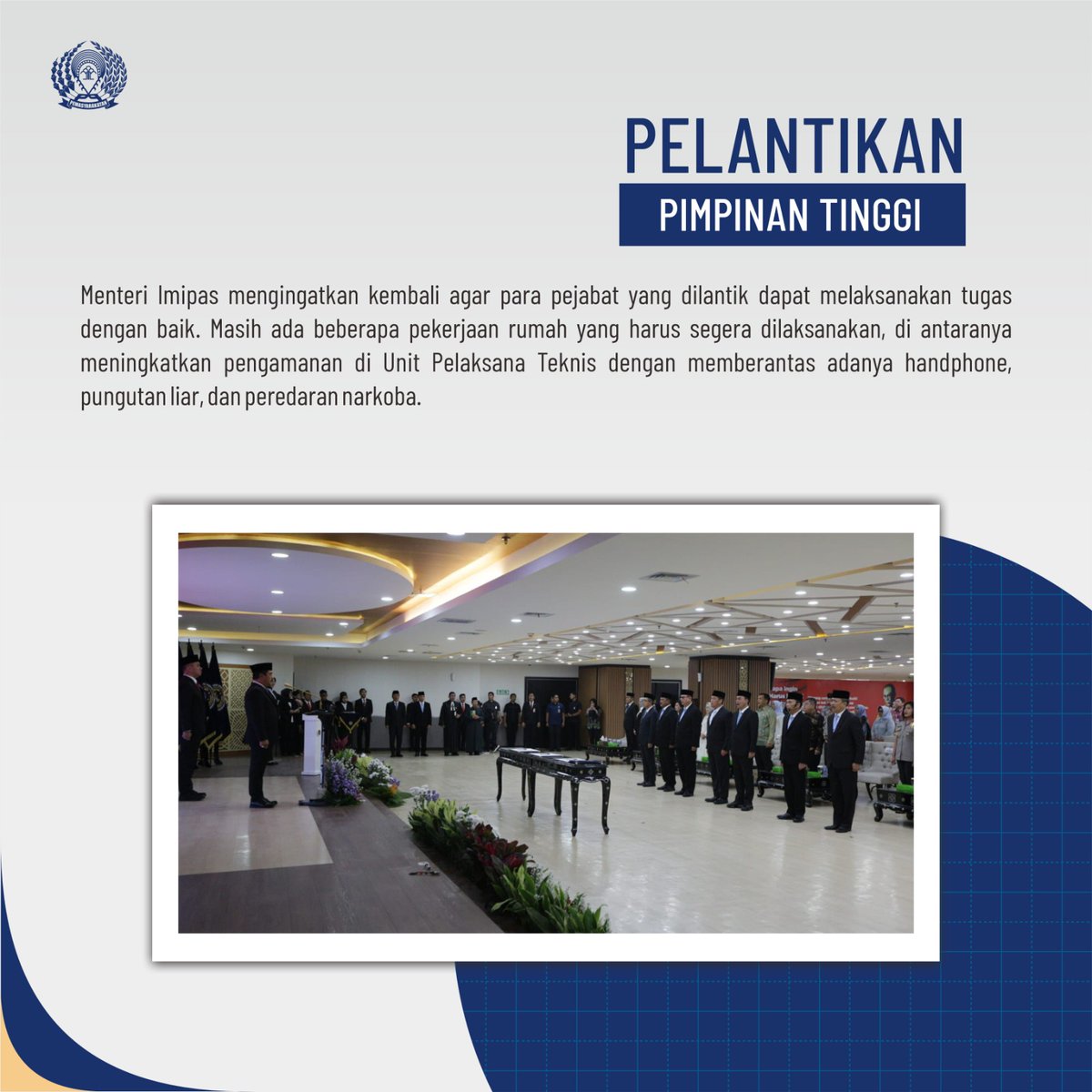 DITJEN_PAS's tweet image. Brigjen Pol. Drs. Mashudi resmi dilantik sebagai Direktur Jenderal Pemasyarakatan Kemenimipas. Mashudi dilantik bersama enam pejabat lainnya di lingkungan Kemenimipas oleh Menteri Imipas, Agus Andrianto, Kamis (9/1).

#Kememimipas
#Ditjenpas
#Pemasyarakatan