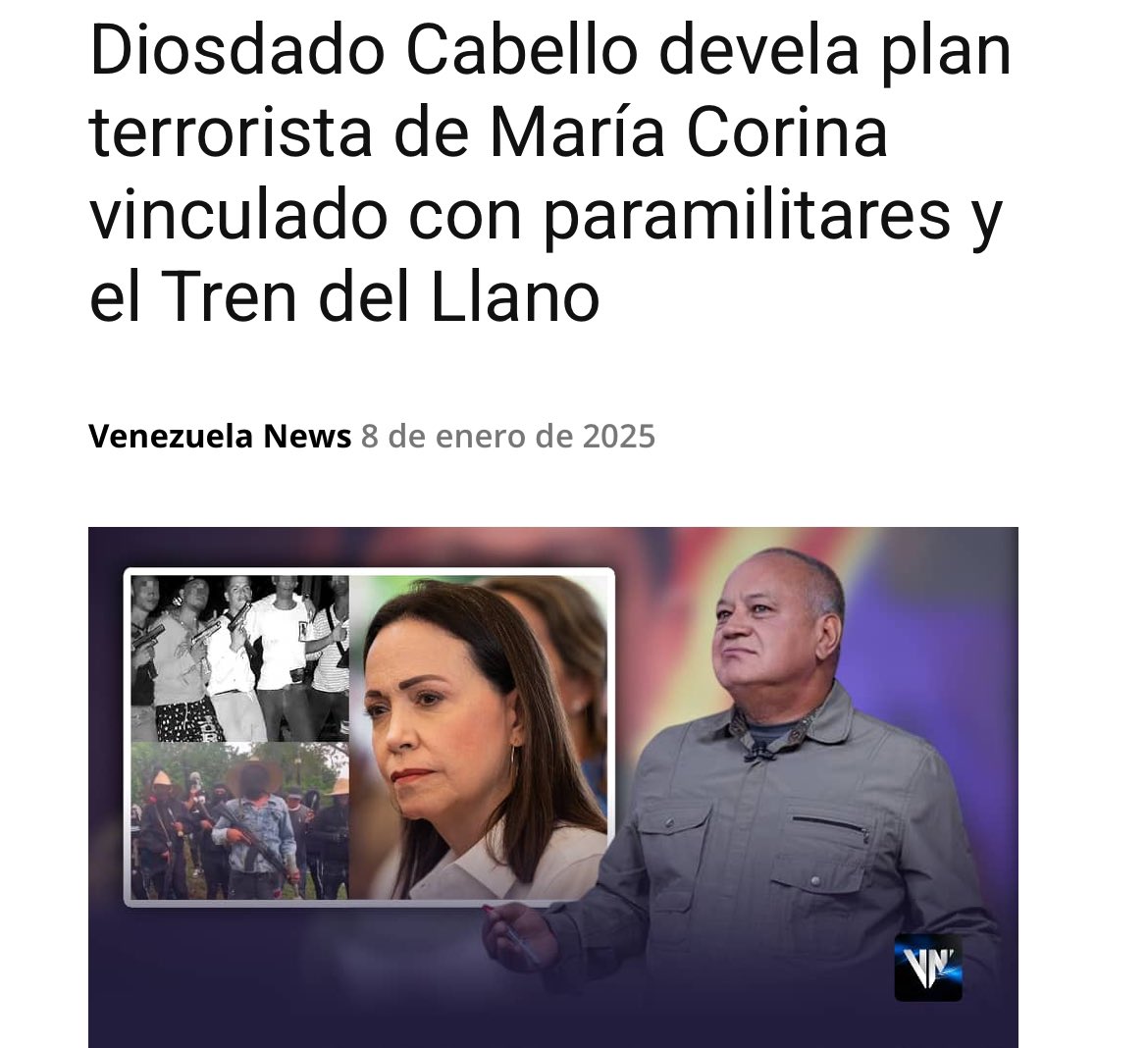 . (@lamorenitalind_) on Twitter photo El ministro de Relaciones Interiores, Justicia y Paz, Diosdado Cabello, develó este miércoles un plan terrorista de la dirigente extremista venezolana, María Corina Machado, vinculado con paramilitares y el Tren del Llano.
<a href="/dcabellor/">Diosdado Cabello R</a>
#9EDerrotandoAlfascismo El ministro de Relaciones Interiores, Justicia y Paz, Diosdado Cabello, develó este miércoles un plan terrorista de la dirigente extremista venezolana, María Corina Machado, vinculado con paramilitares y el Tren del Llano.
<a href="/dcabellor/">Diosdado Cabello R</a>
#9EDerrotandoAlfascismo